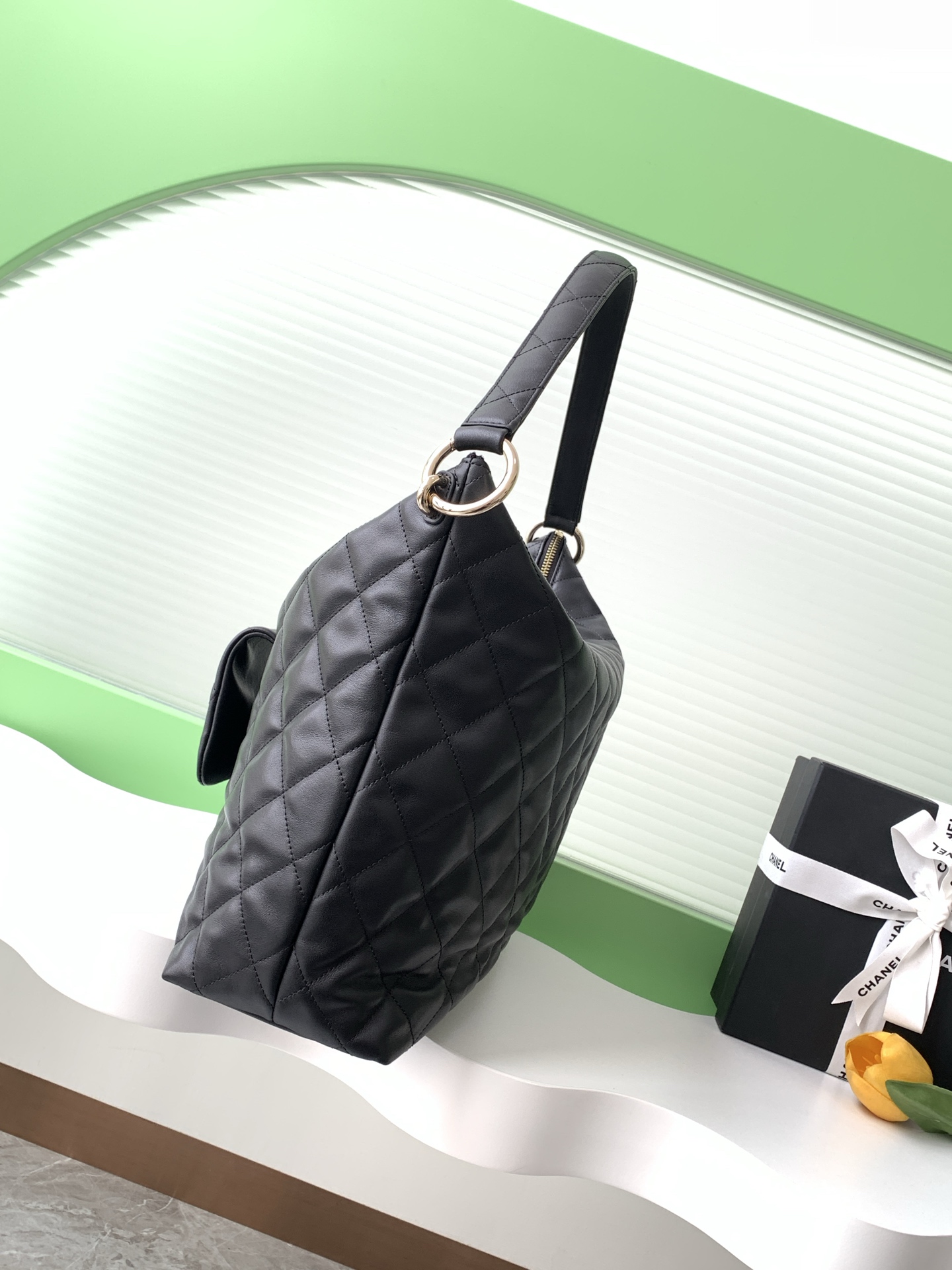 Large Hobo Travel Bag in Black Quilted Calfskin with Light Gold-Tone Hardware