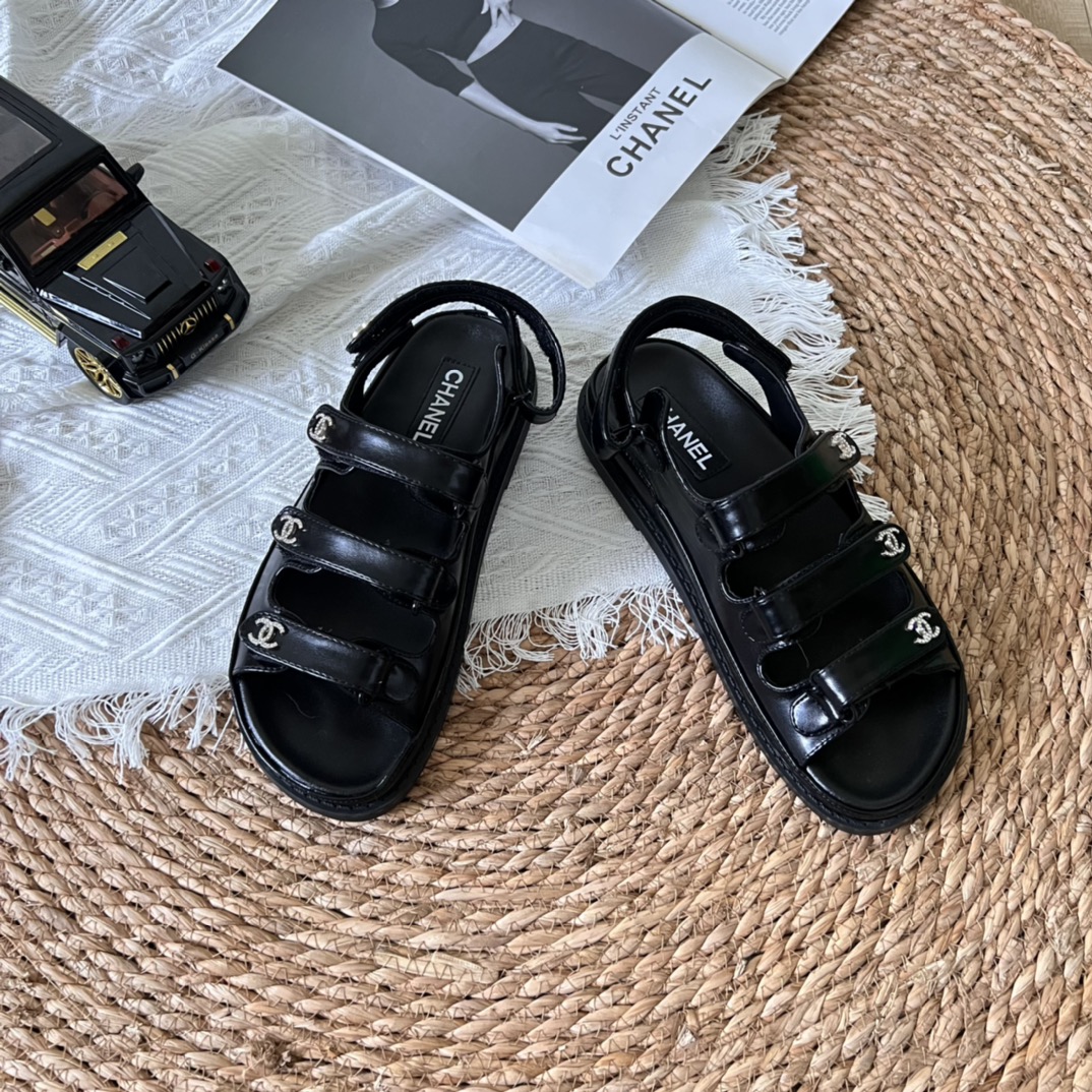 Chanel Triple Velcro Strap Sandals Black G45628 B16403 94305