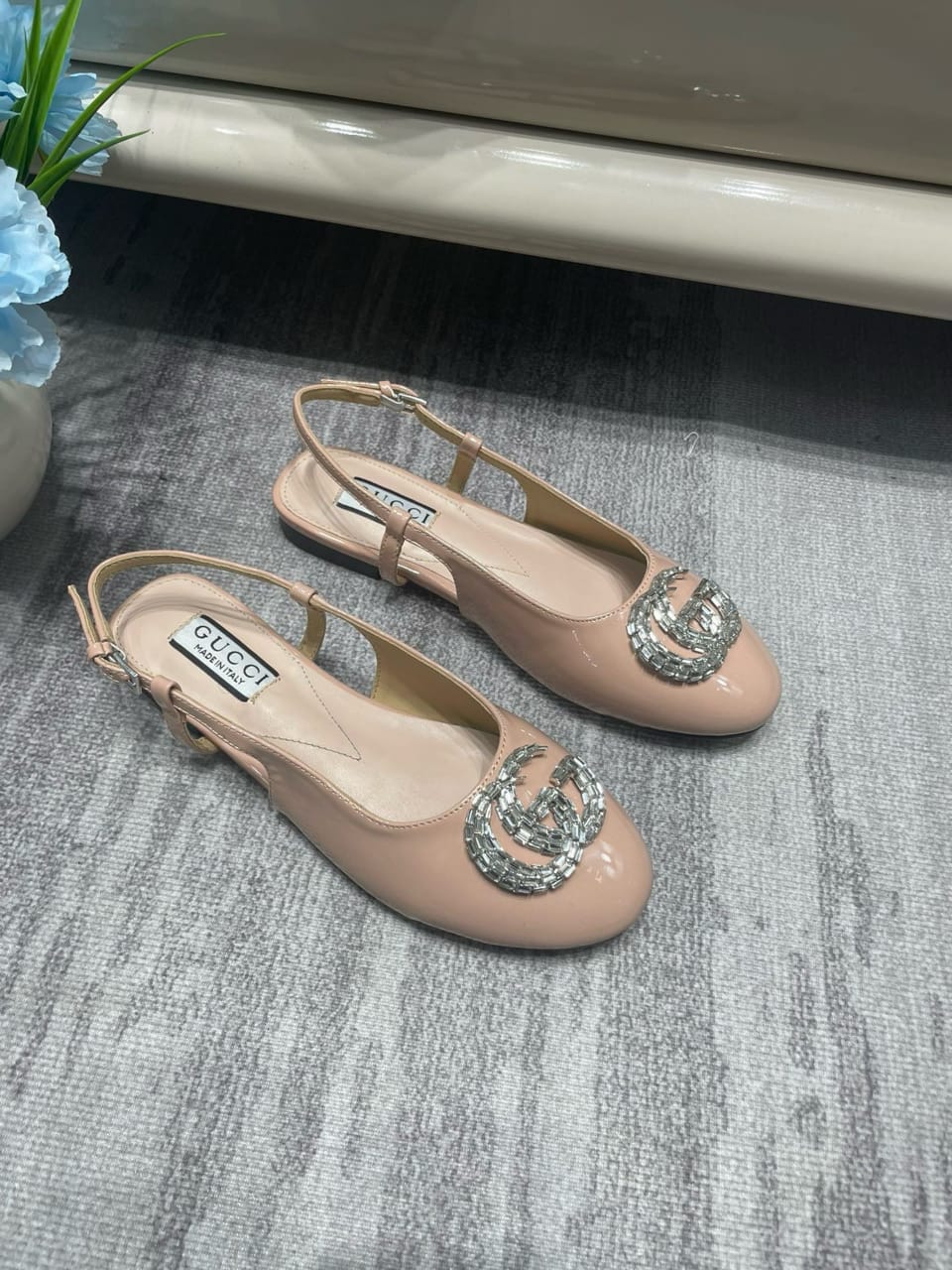 Gucci Logo Embellished Slingback Flats Light Pink