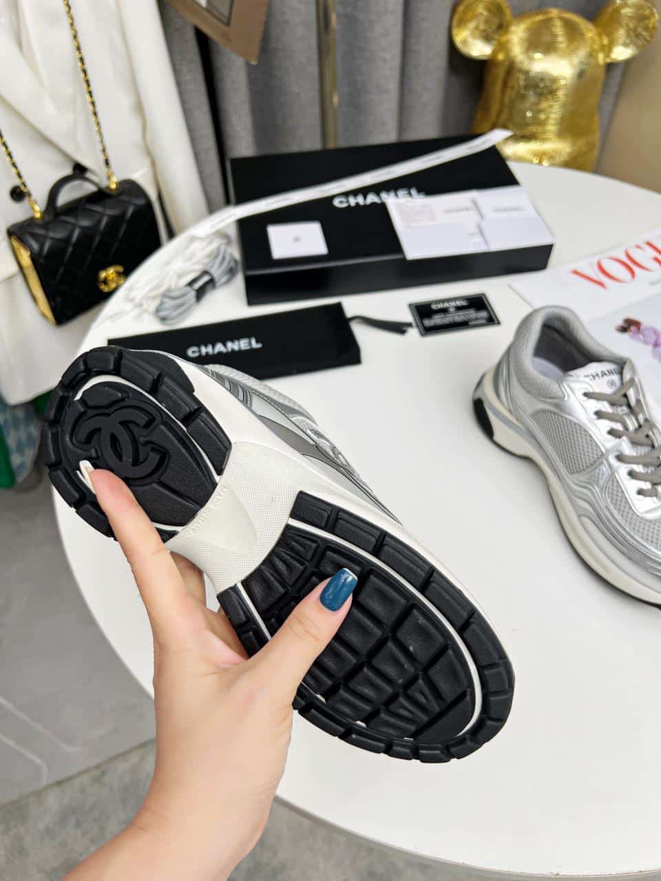 Chanel 23C Silver Metallic Cc Logo Lace Up Flat Runner Trainer Sneaker Gray