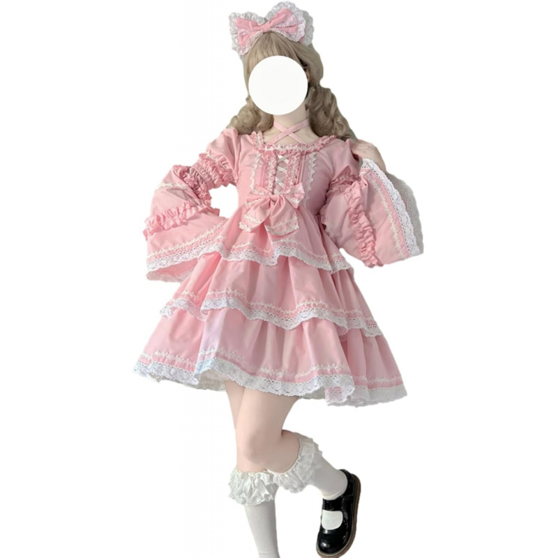 Sweet Lolita Dress for Teens Kawaii Puff Sleeve Lace Tiered