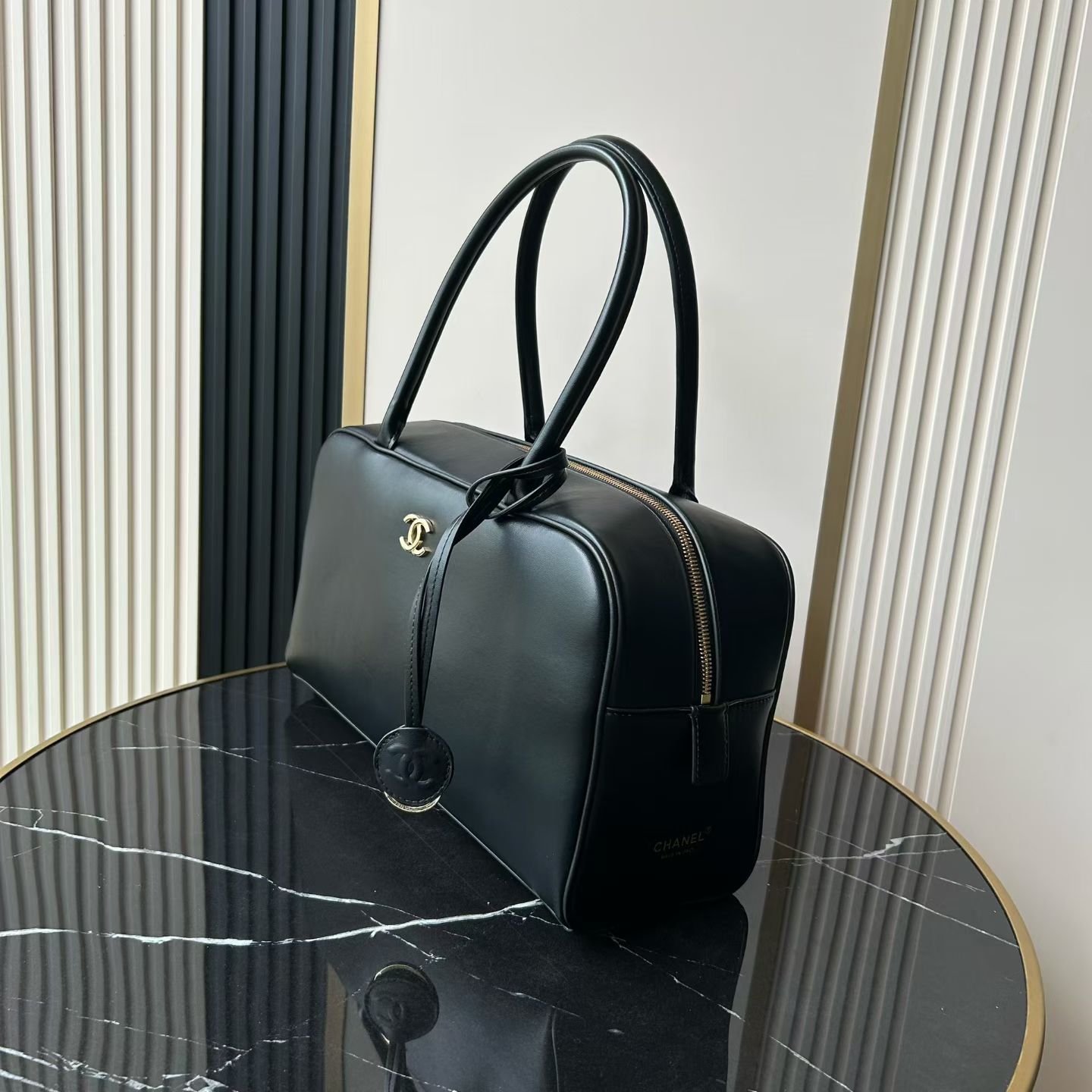 26S Black Smooth Calfskin Bowling Handbag with Gold-Tone Hardware