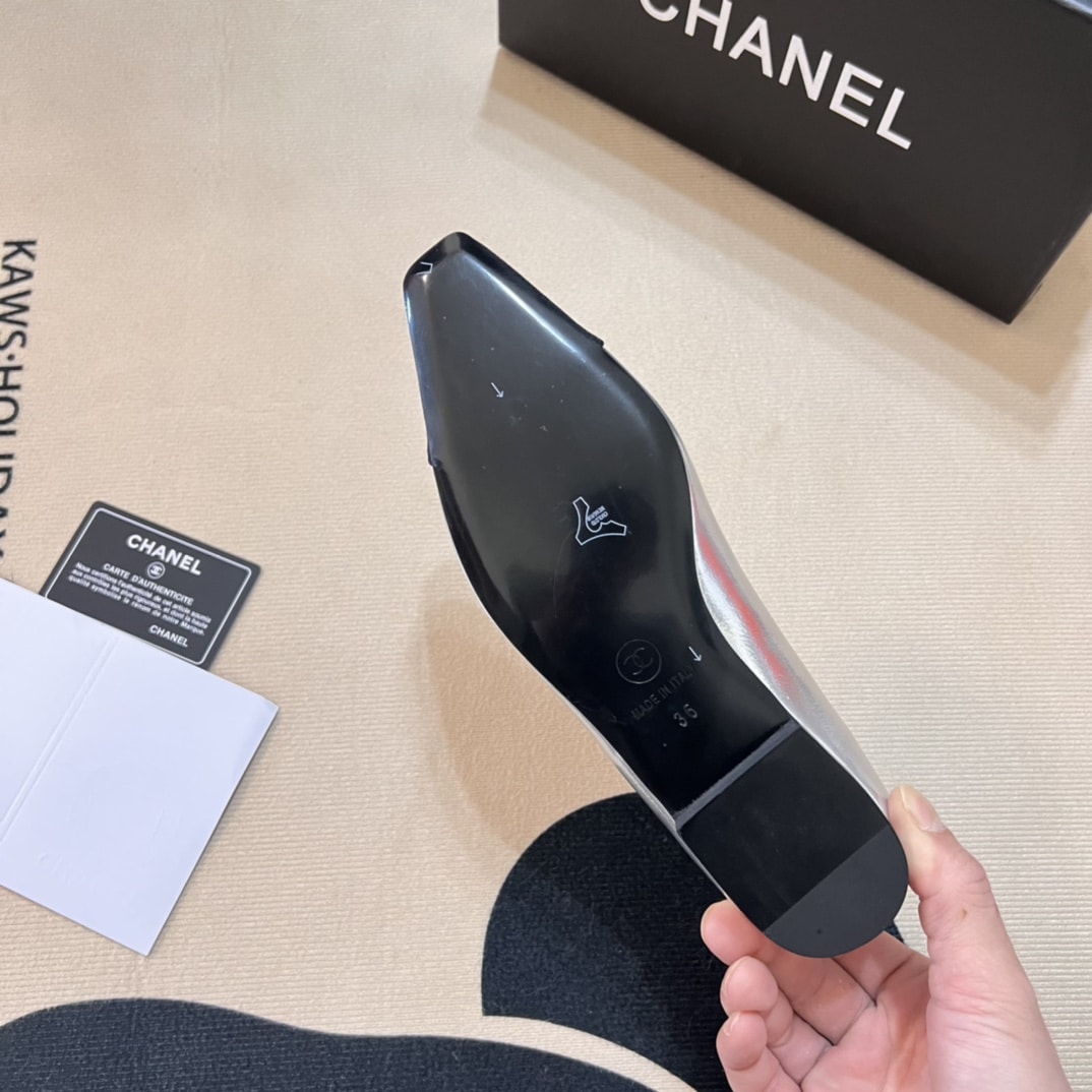 Chanel Square Toe Ballet Flats Black Silver