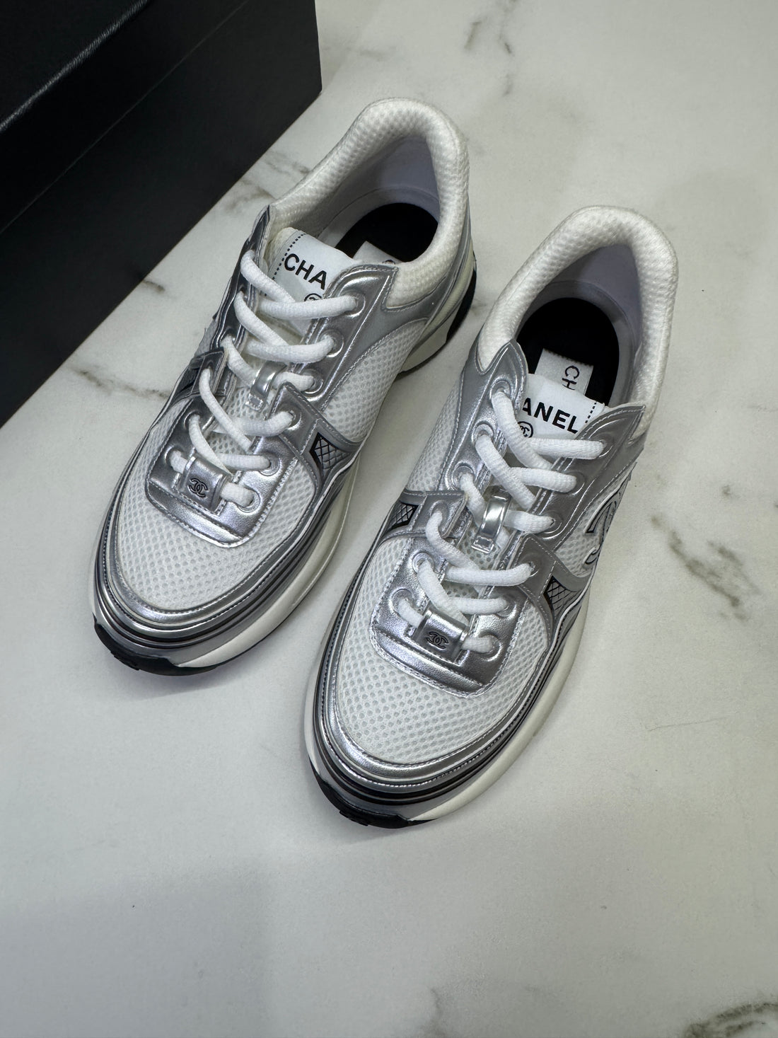 Chanel CC Logo Metallic Mesh Sneakers White/Silver