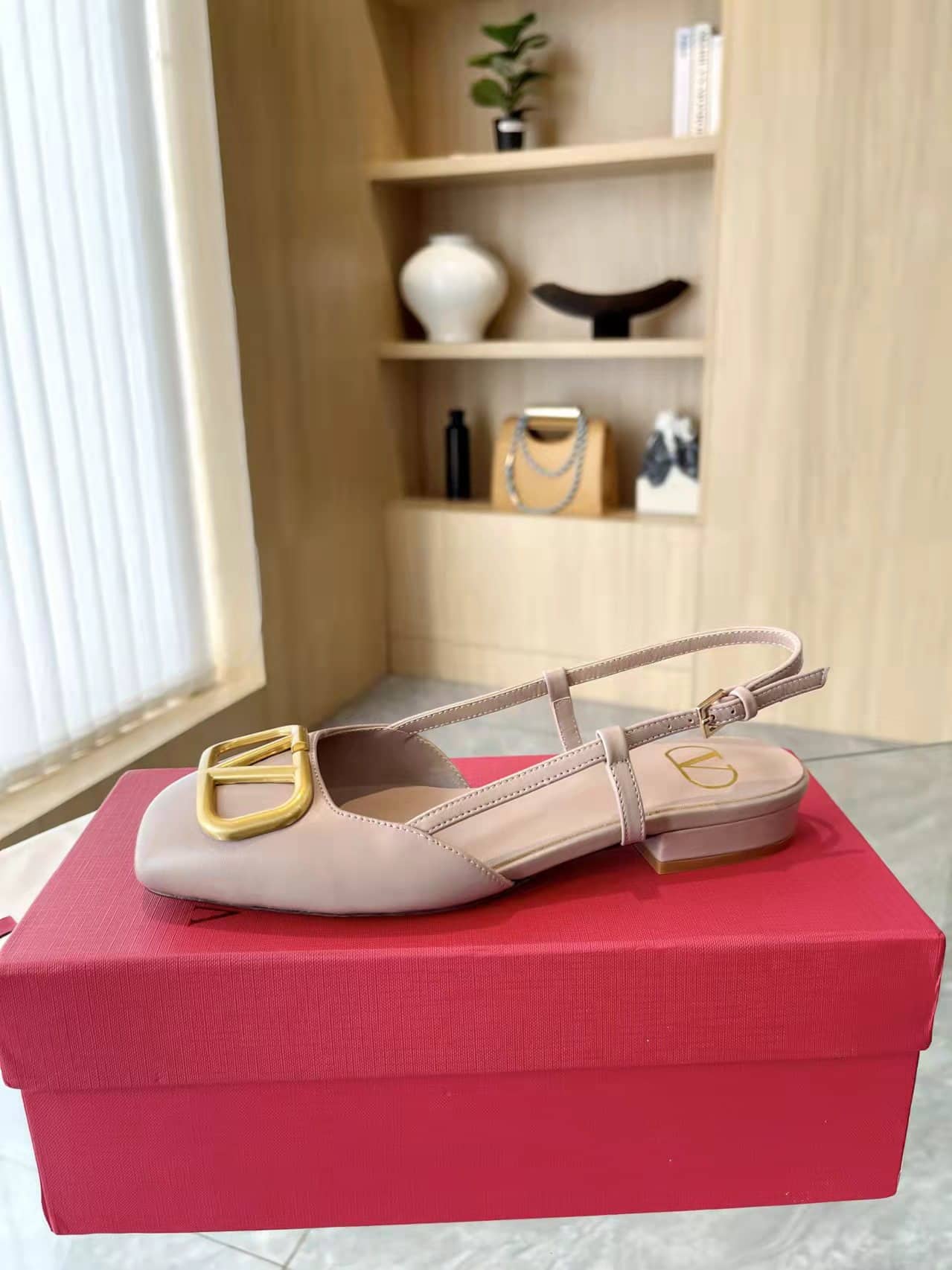 Valentino Garavani V Logo Leather Slingback Flats Beige