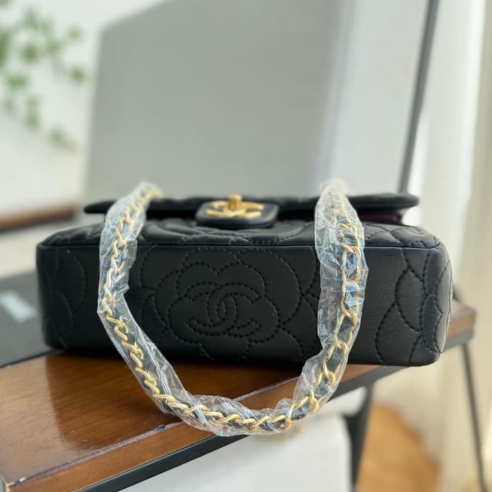 Chanel Flap Bag With Camellia Flower Chain Black 26Cm