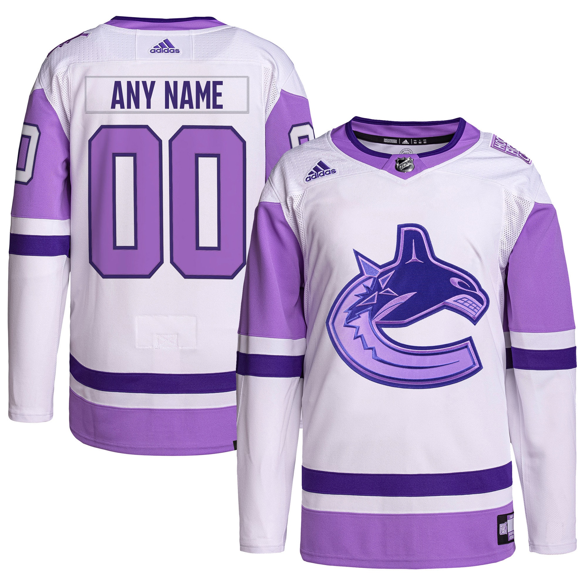 Vancouver Canucks adidas Hockey Fights Cancer Primegreen Authentic Custom Jersey – White/Purple