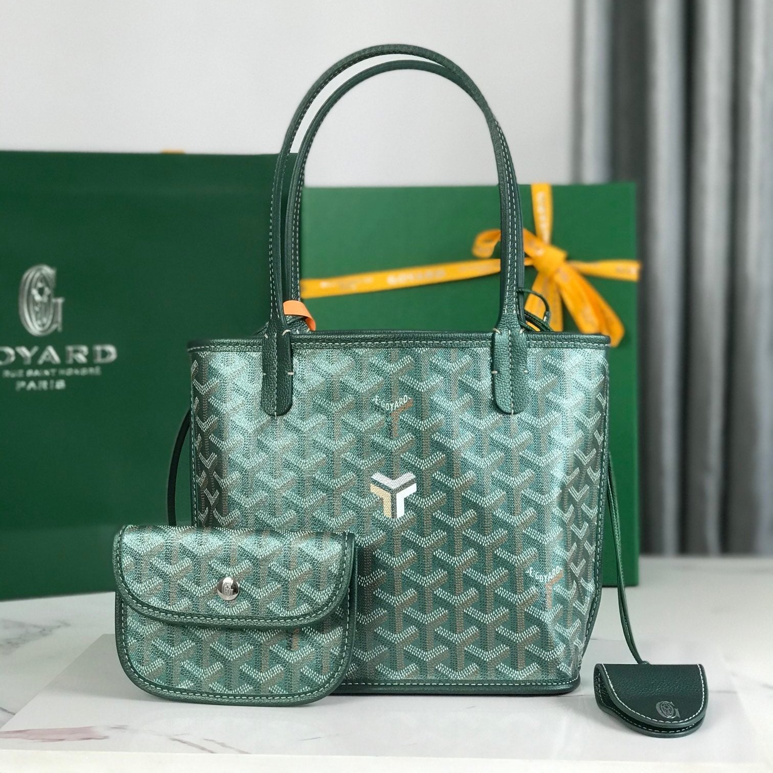 Goyard Anjou Mini Bag 20Cm Green Canvas Chevroches Calfskin