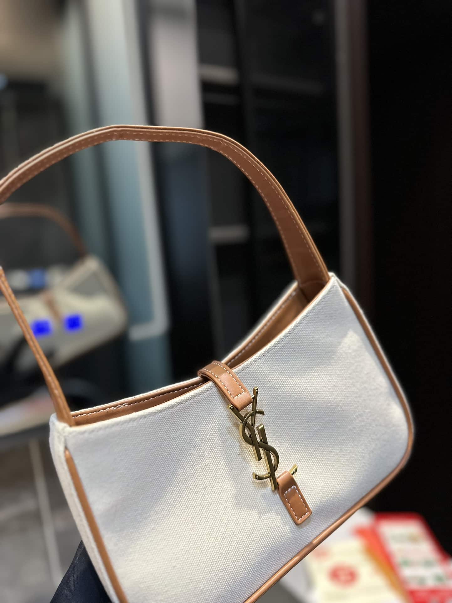 Saint Laurent Le 5 A 7 Linen Canvas Hobo Bag White And Brown 25Cm