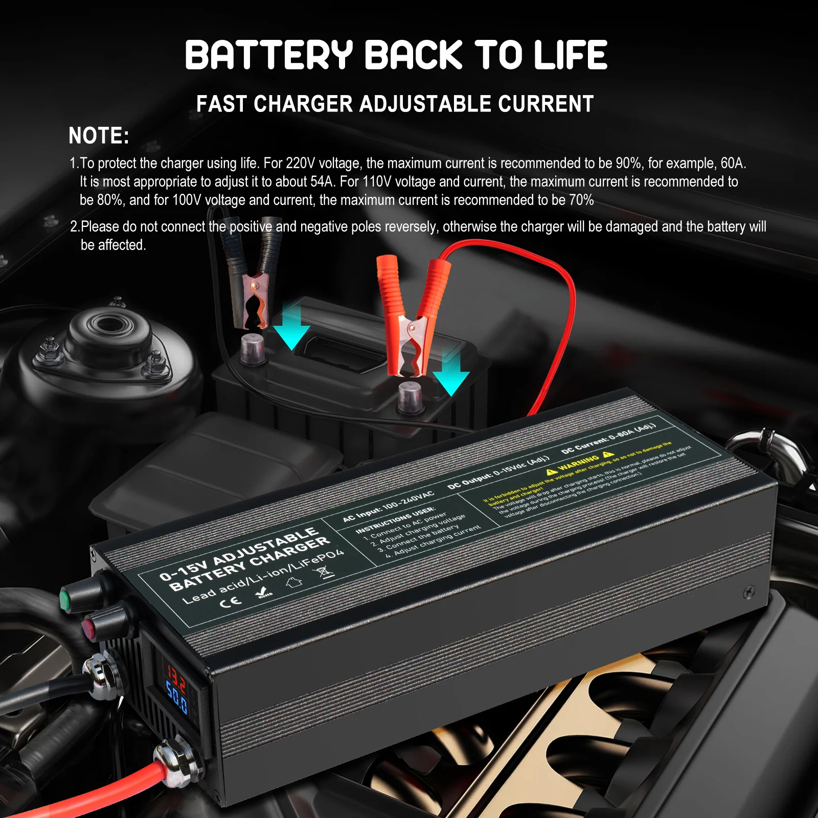 NOEIFEVO Einstellbarer Spannungs und Strombereich 0-15V 1-40A/60A /85A Batterieladegerät , Kompatibel mit 3.7V 6V 12V Lithium, LiFePO4 und Blei-Säure-Batterien