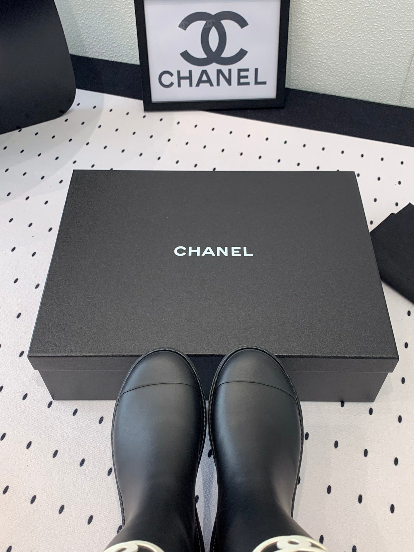 Chanel CC Logo Rain Boots Black Rubber Heel 47cm