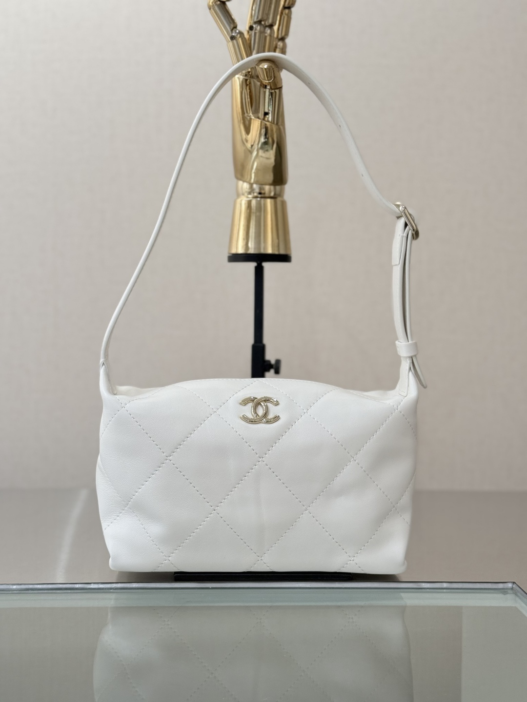 26P Hobo Shoulder Bag in White Quilted Lambskin with Light Gold-Tone Hardware