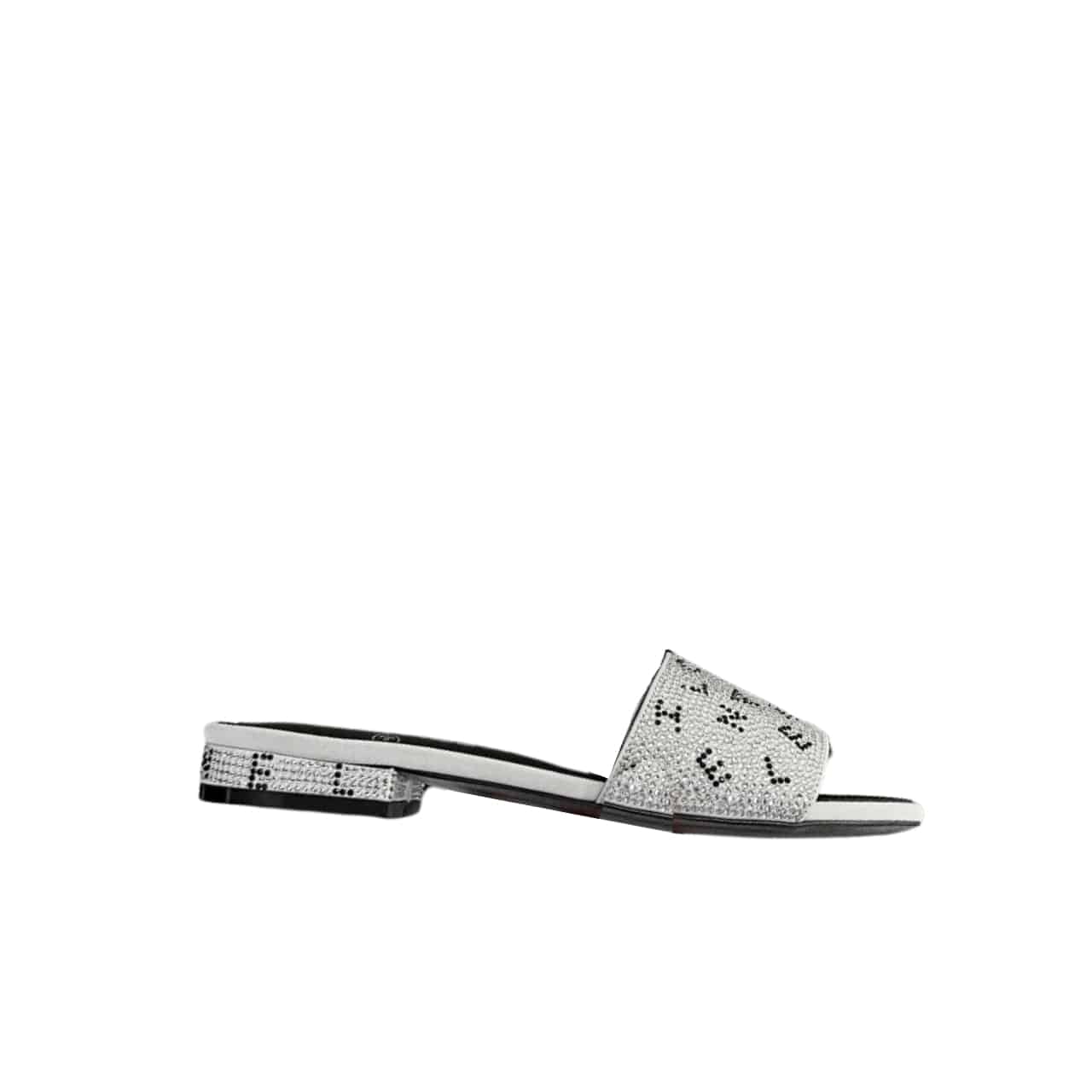 Chanel 24P Beaded Diamond Logo Slippers Silver