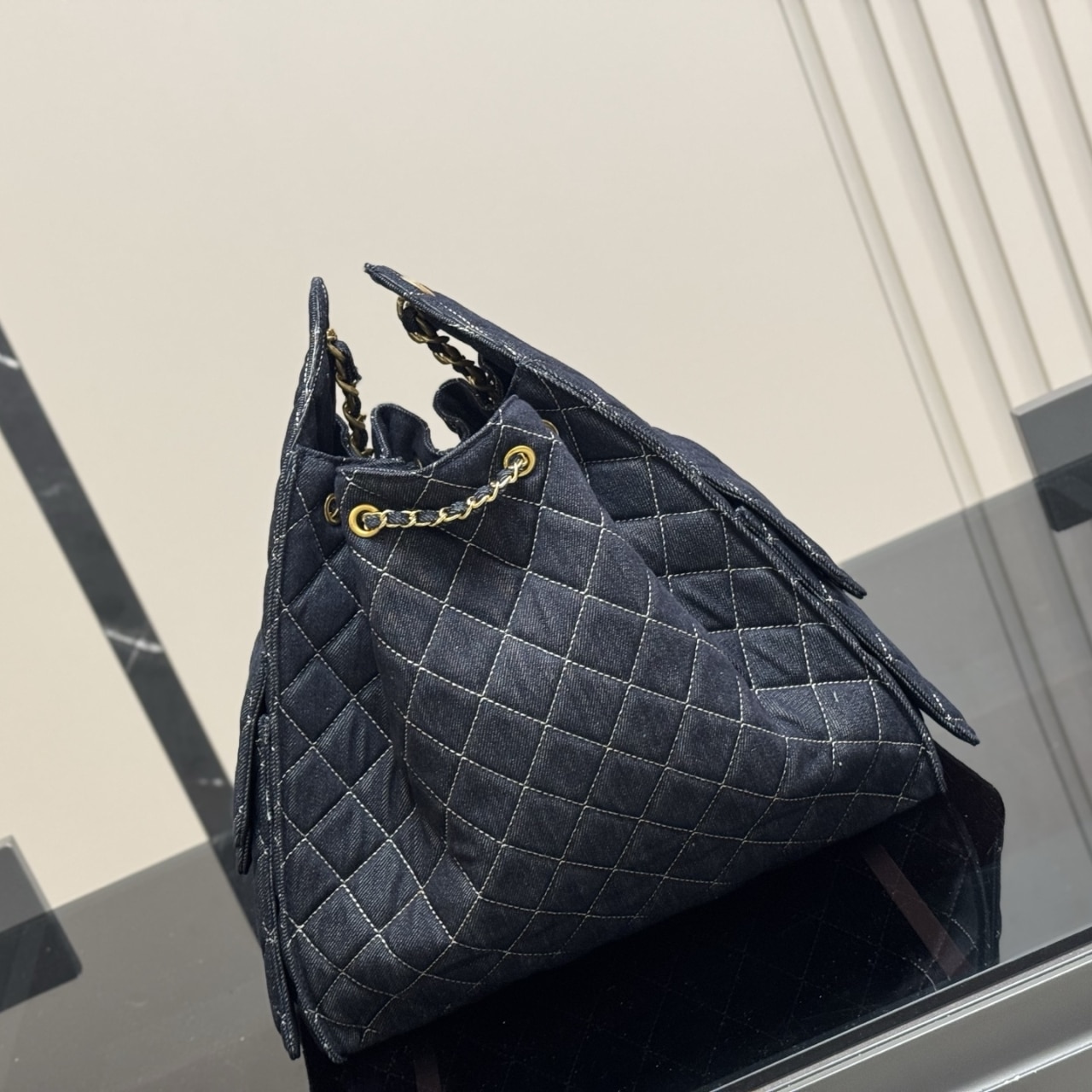 Chanel 25 Medium Handbag Washed Denim Dark Blue 34cm