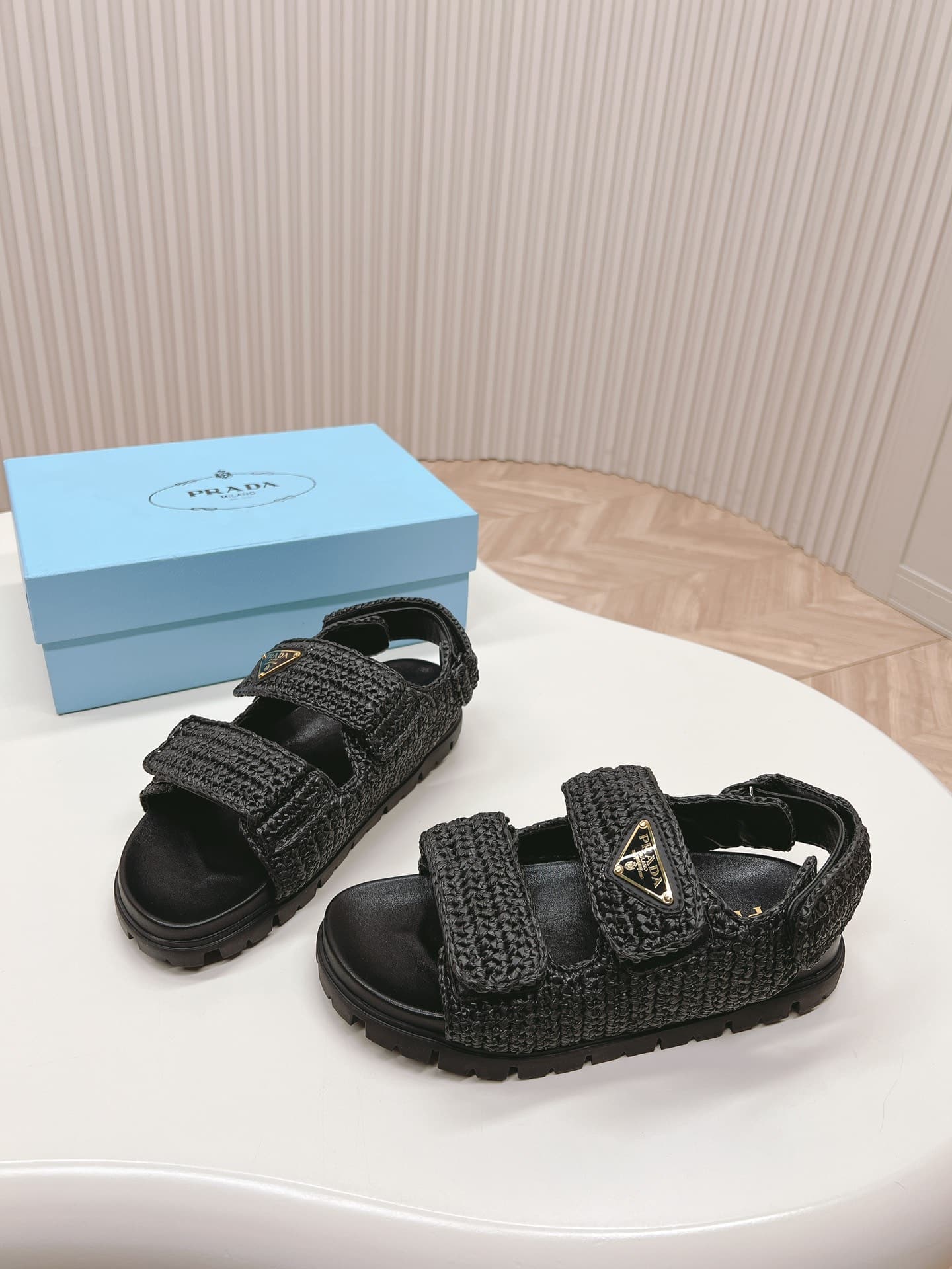 Prada Monolith Crochet Raffia Effect Sandals In Black