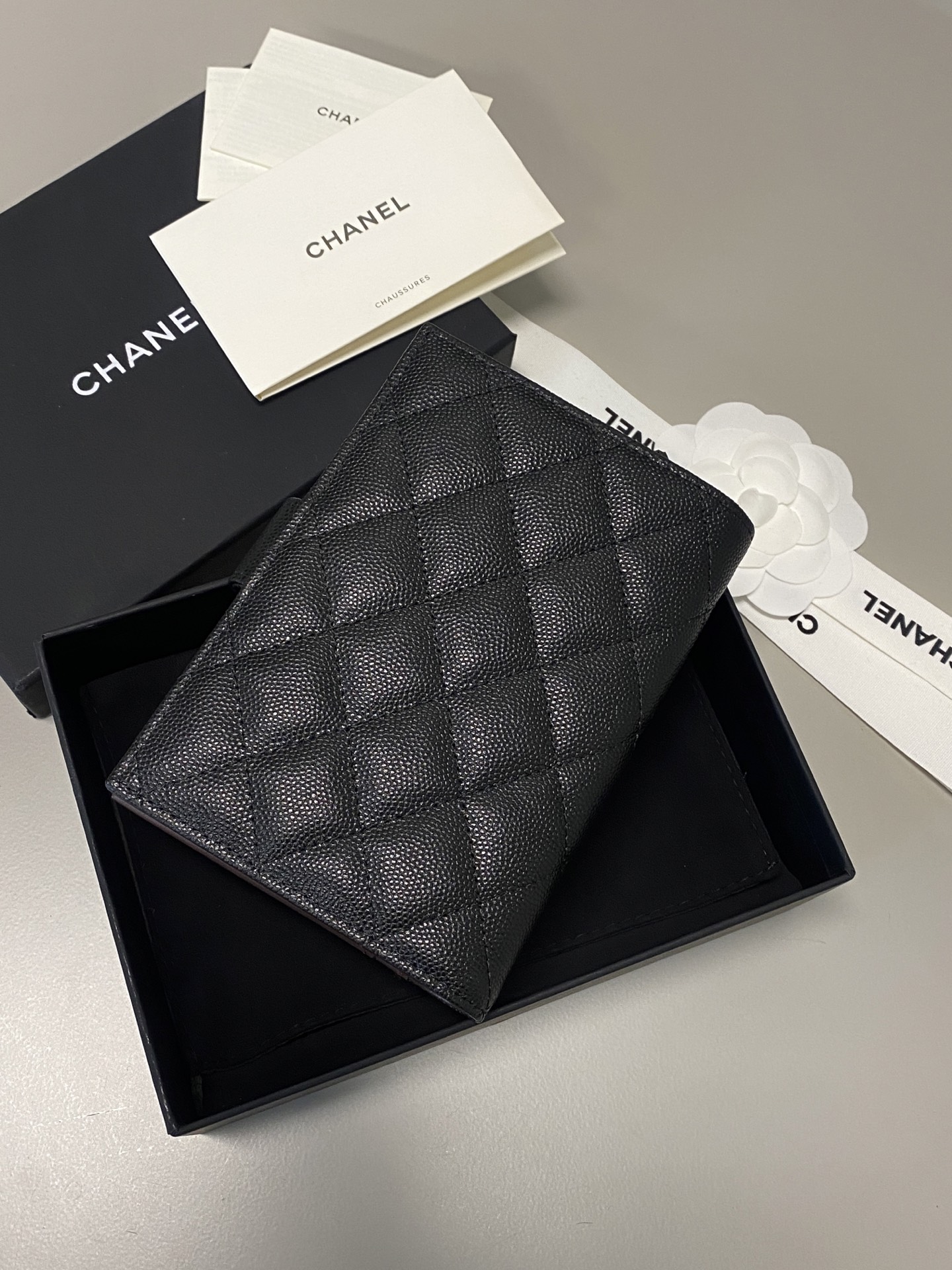 Classic Quilted Passport Holder in Black Caviar Calfskin with Gold Hardware (Model AP3791)