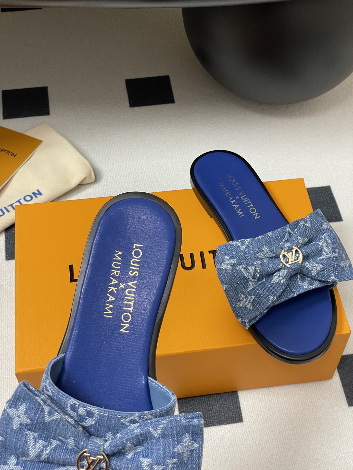 Louis Vuitton x Takashi Murakami Lily Flat Mule Bow Slide Sandals Blue Canvas 1AGVYA