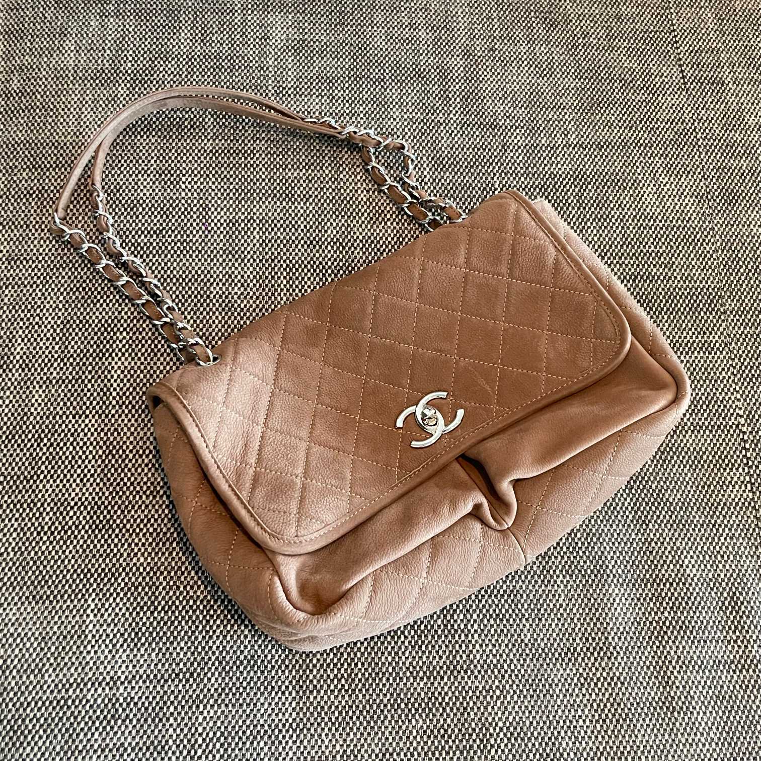Vintage NudeBeige Quilted Suede Leather Shoulder Bag with Silver-Tone Hardware & Chain Strap