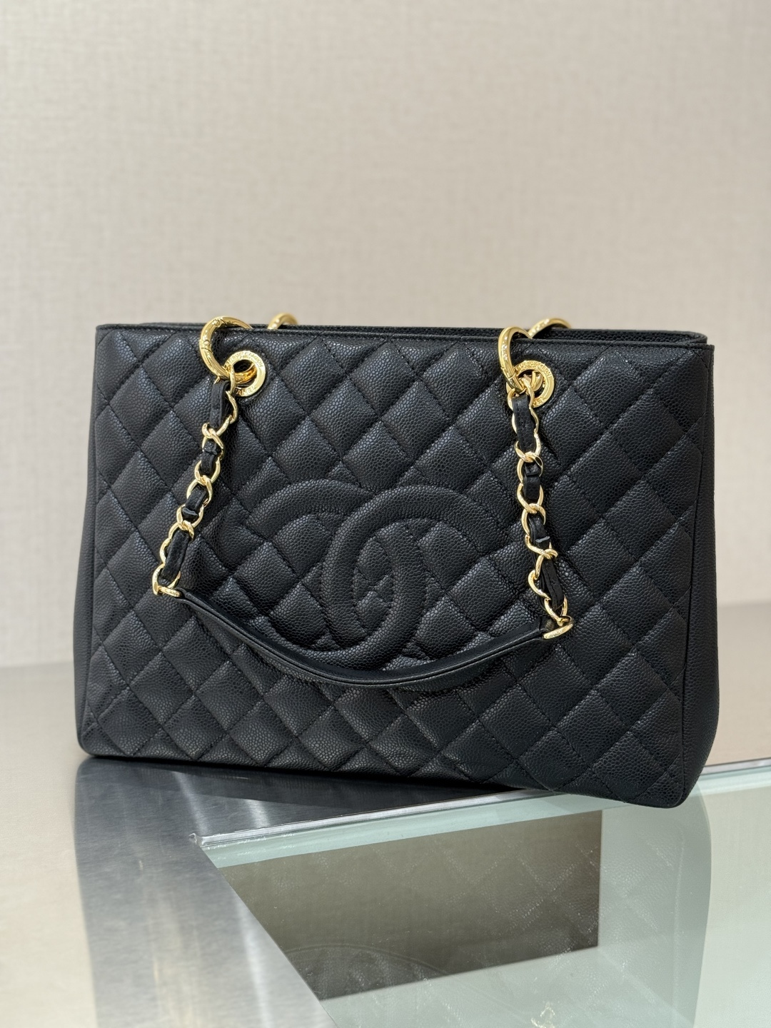 Grand Shopping Tote (GST) in Black Caviar Leather with Gold-Tone Hardware (Model A50995)