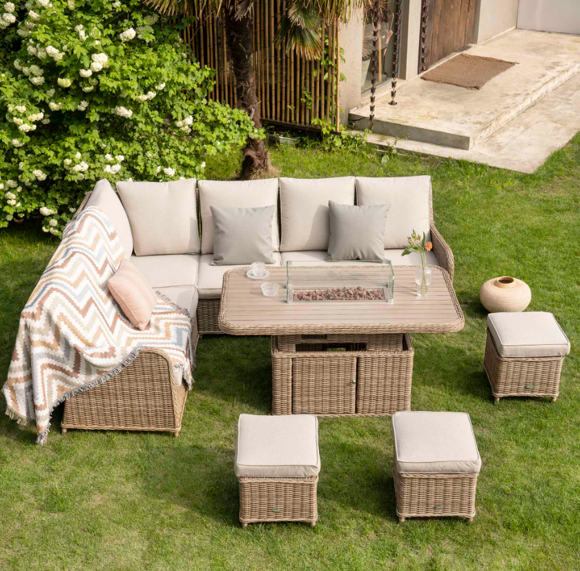 A Hampshire Large Corner Round Wicker Rattan Casual Dining Set with Rising Firepit Table, Natural