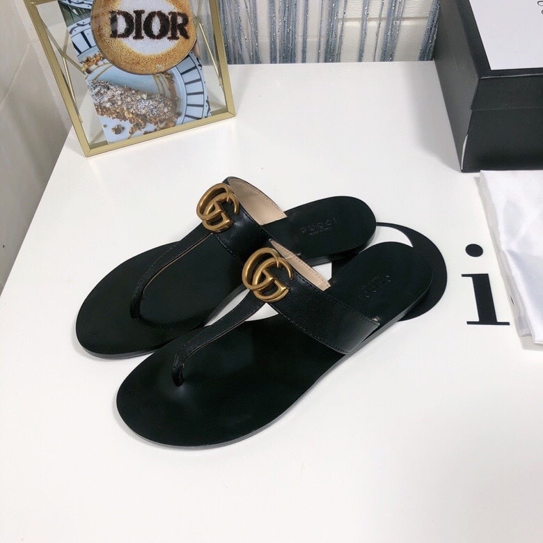 Gucci Double G Thong Leather Black ?497444 A3N00 1000