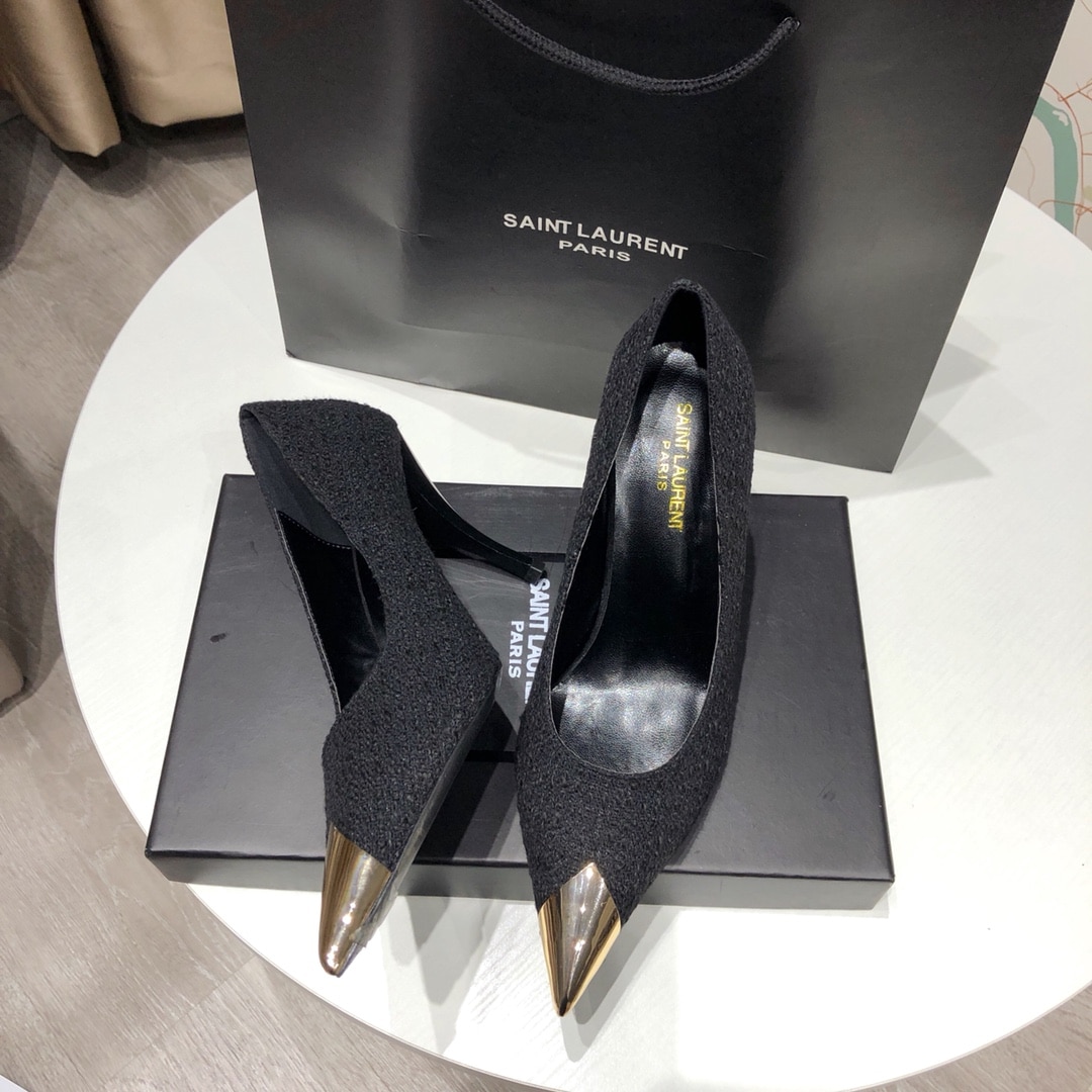 Saint Laurent Vesper Leather Trimmed Bouclé Pumps Black