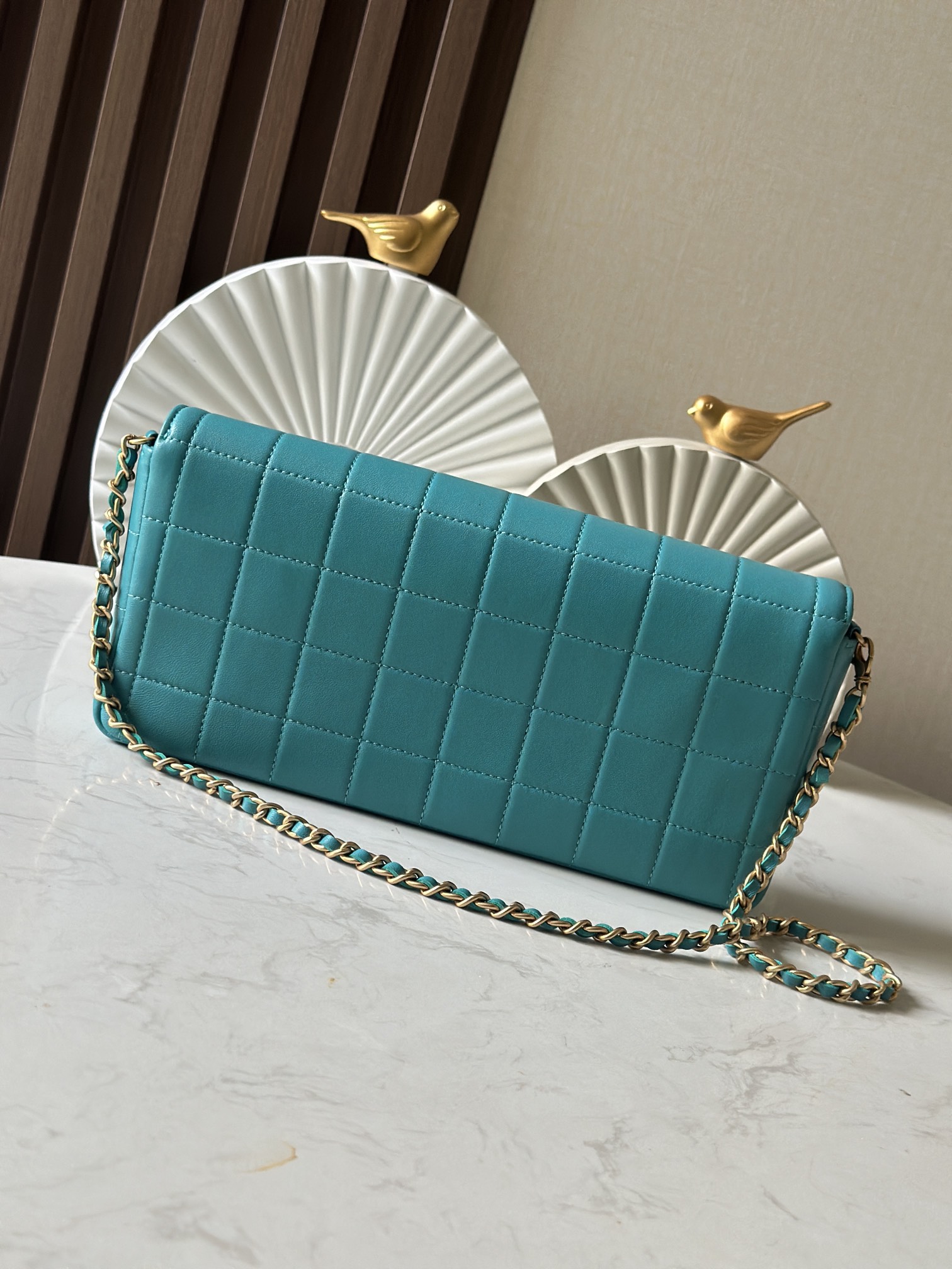 Vintage Chocolate Bar Flap Bag in TealLake Blue Quilted Lambskin with Gold Hardware