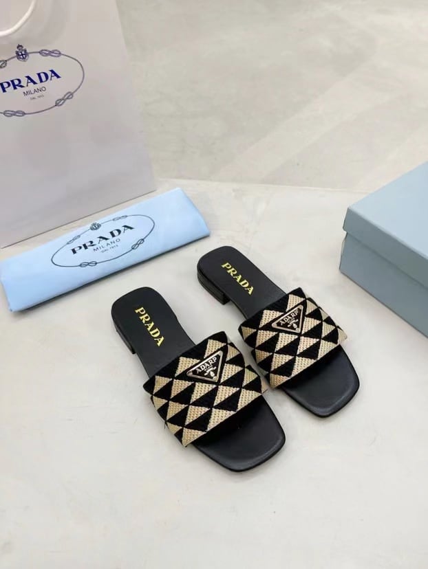 Prada Embroidered Fabric Slides Black Yellow