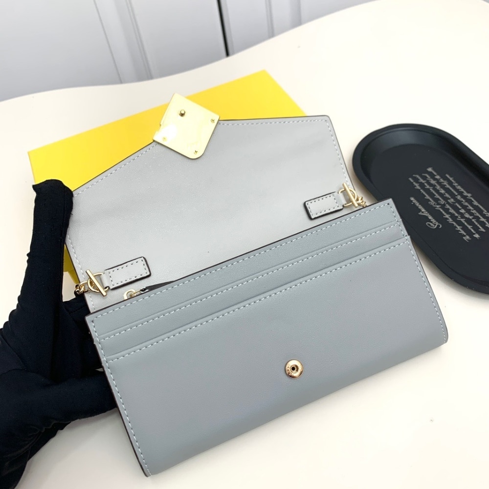 Fendi Ff Diamonds Continental With Chain Leather Wallet Light Blue 19Cm