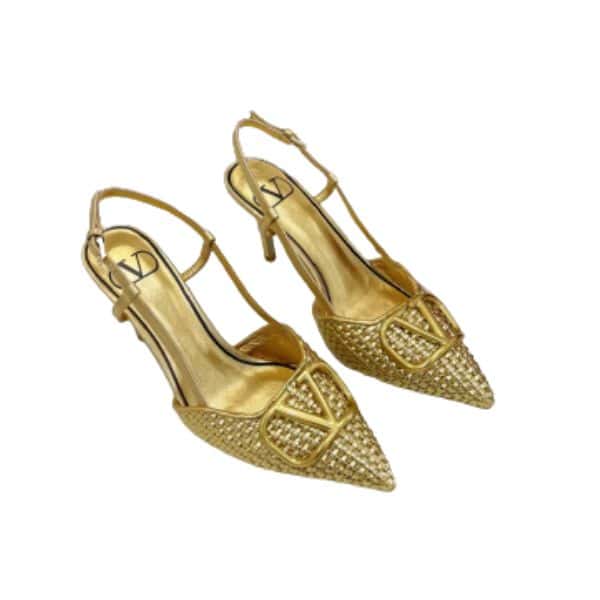 Valentino Garavani VLogo Woven Leather Slingback Pumps Gold