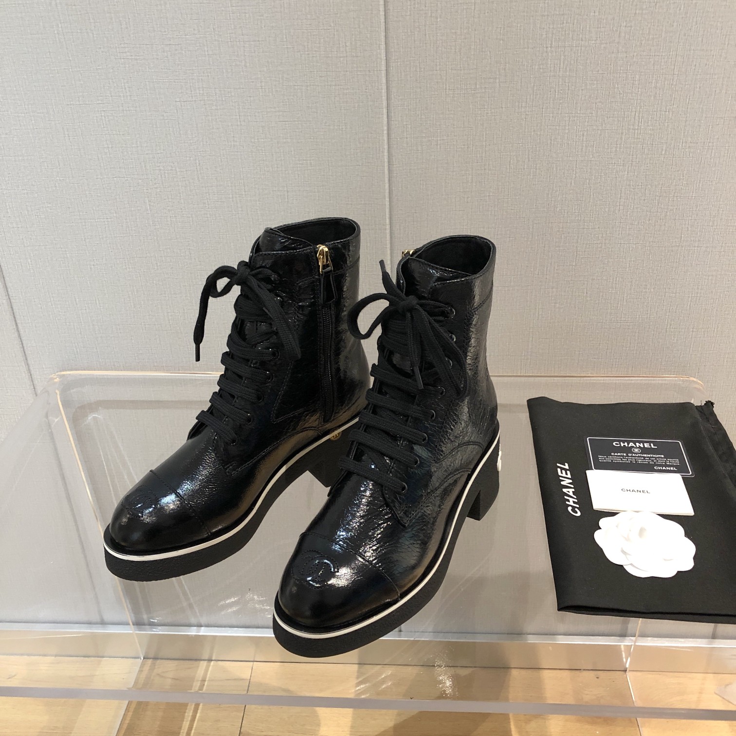Chanel White Logo Crinkled Leather Combat Boots For Women