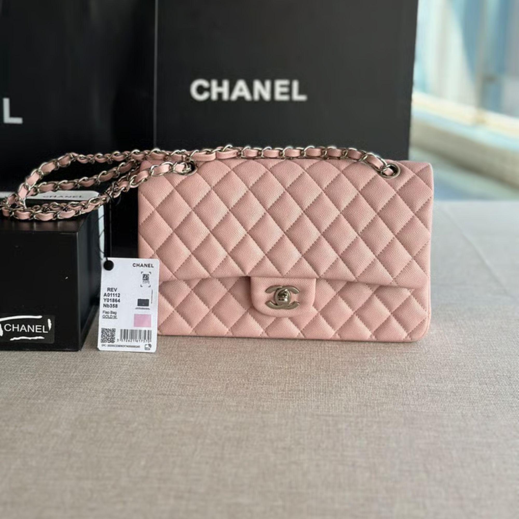 Chanel Classic Double Flap Bag Caviar Silver Hardware Light Pink 25Cm/10in