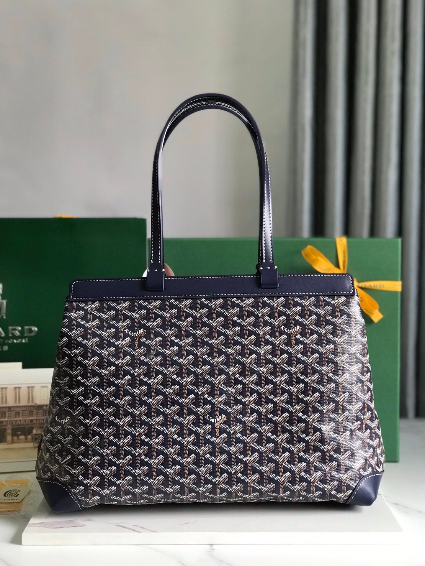 Goyard Bellechasse Biaude Pm Bag 36cm Navy Blue Goyardine Canvas And Calfskin Trim