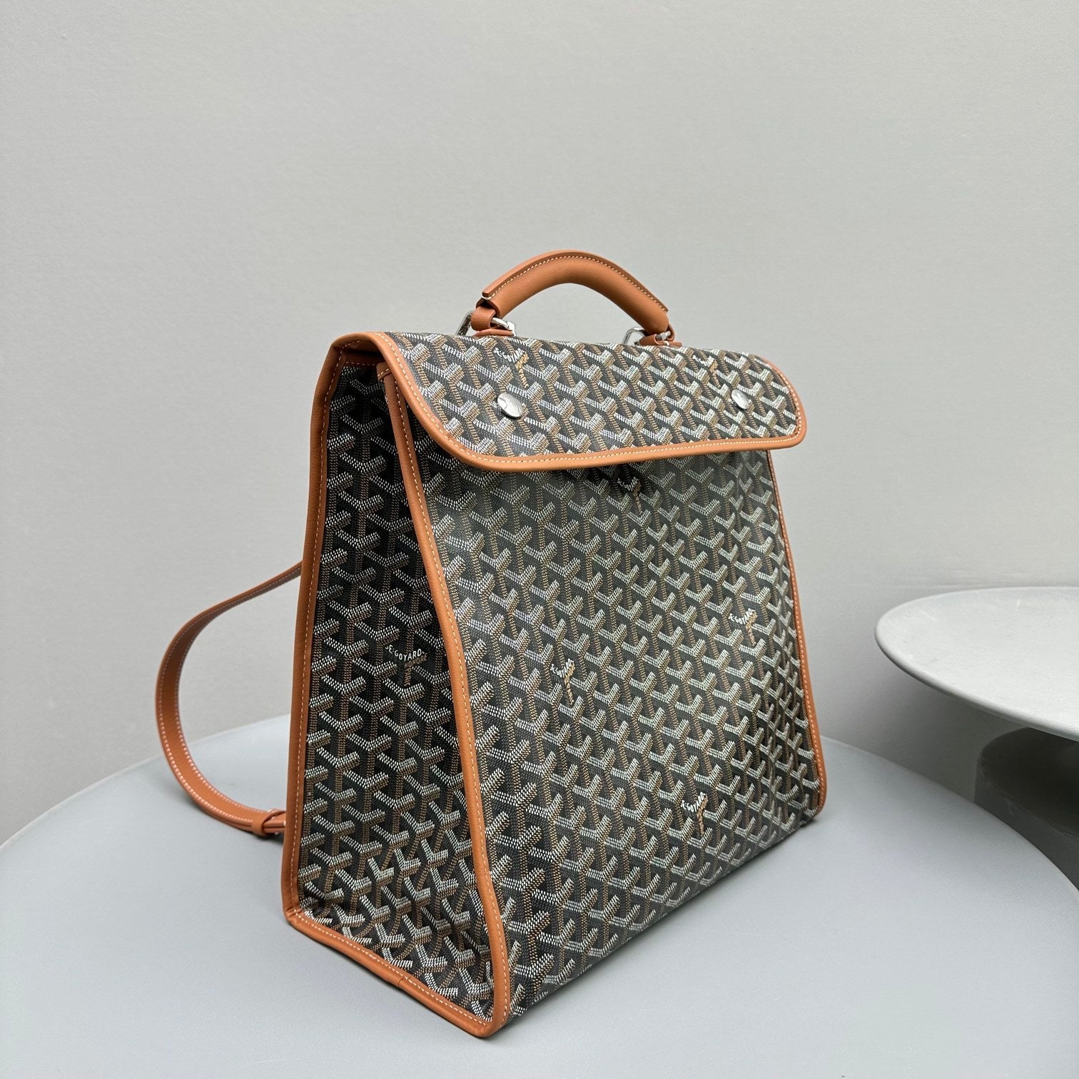 Goyard Leger Backpack 37 Cm Black Goyardine Canvas With Tan Calfskin Trim