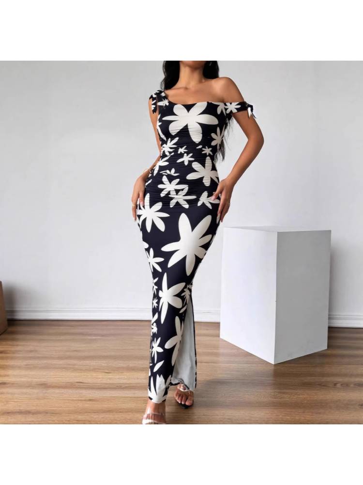 Floral Inclined Shoulder Ruched Split Hem Maxi Dress