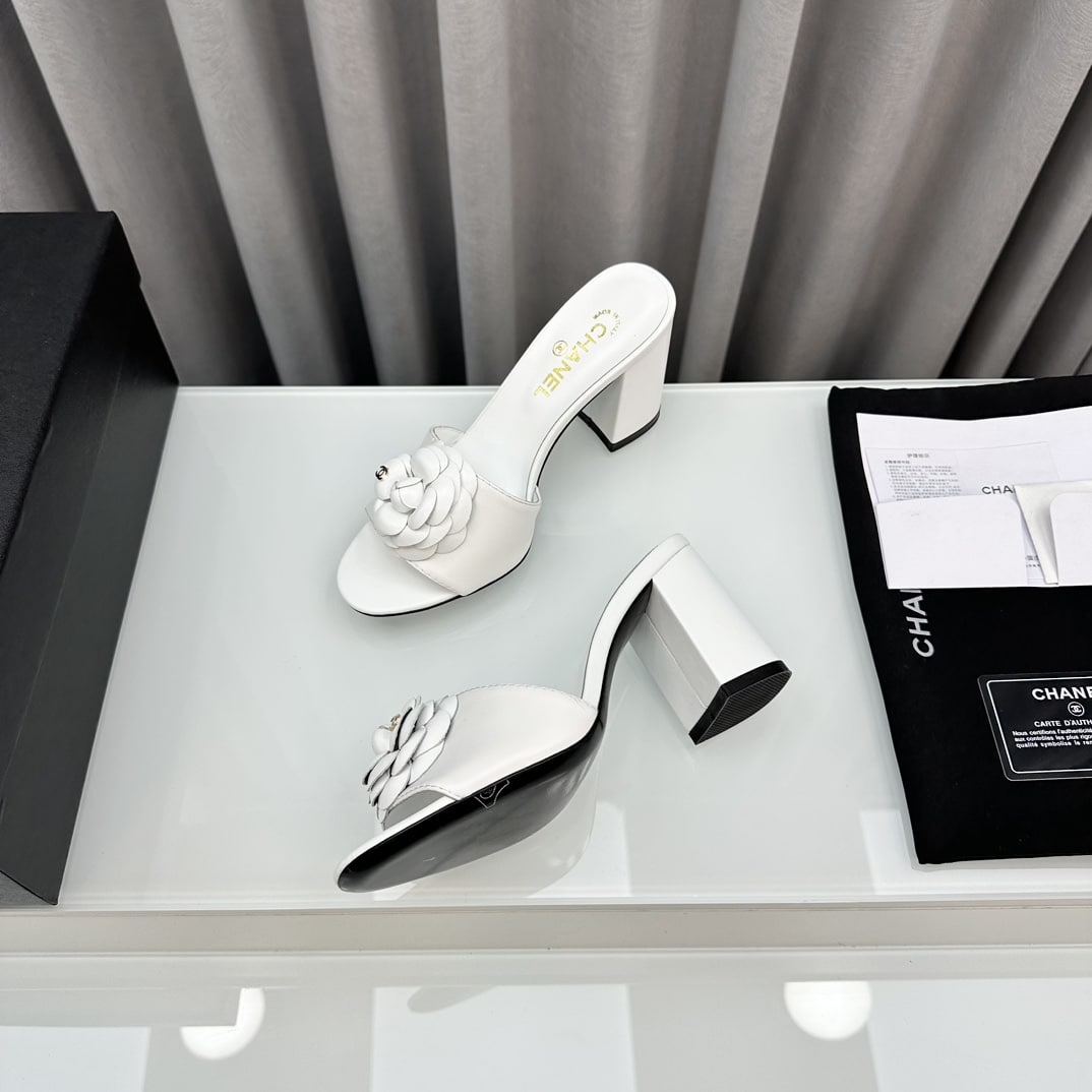 Chanel Camellia Medium Heel Slippers White