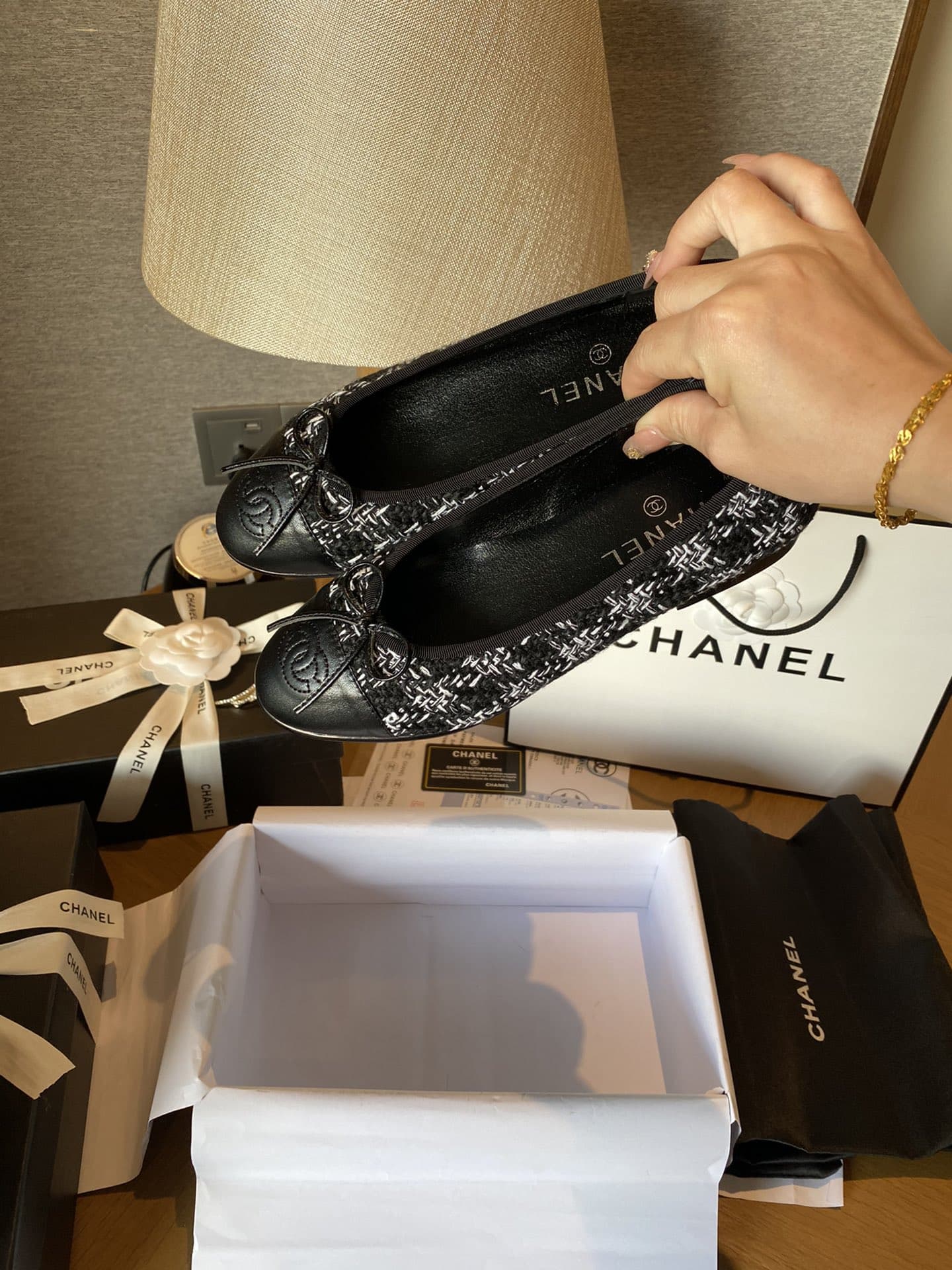 Chanel Plain Toe Rubber Sole Casual Style Tweed Black