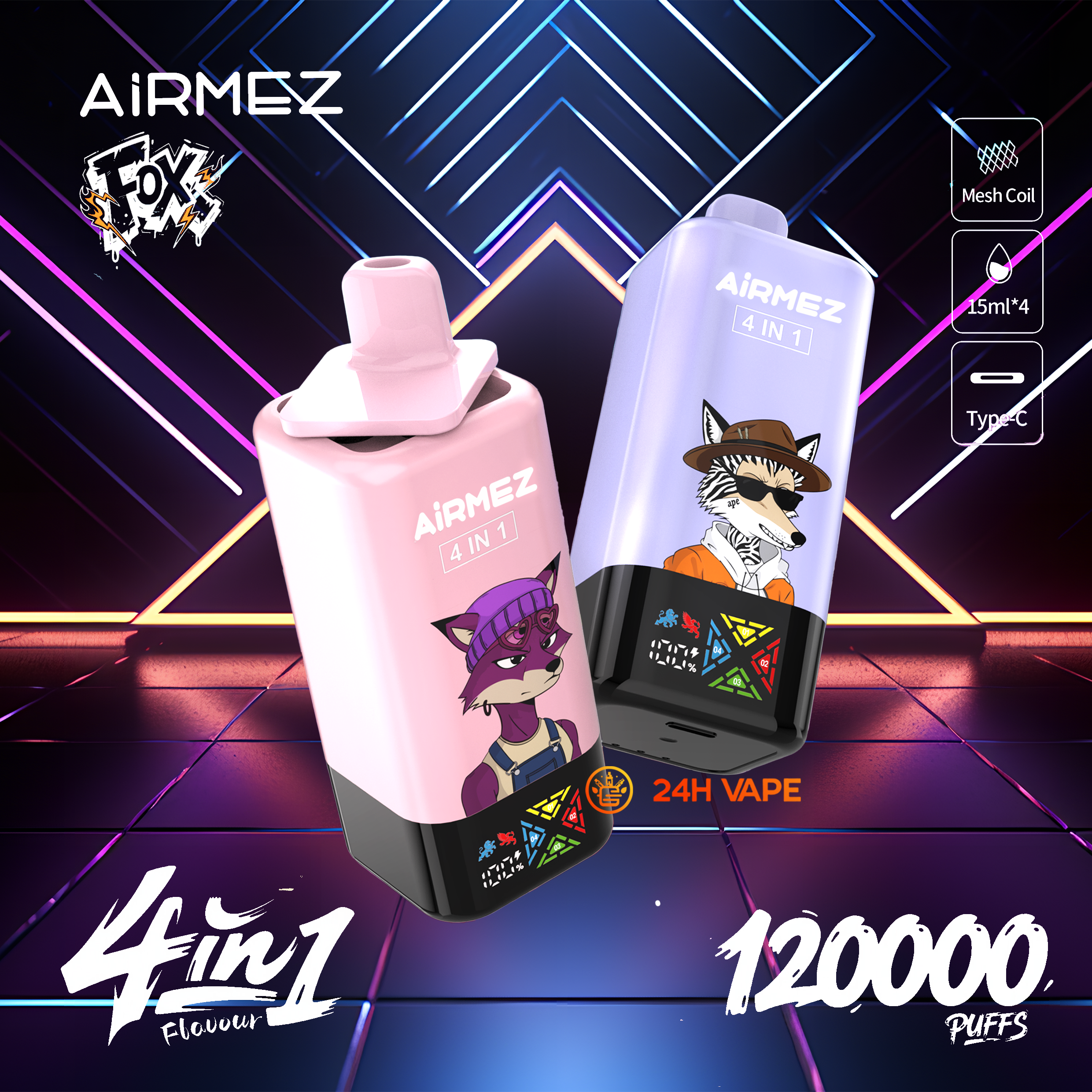 (New product promotion)Airmez Fox 120K Puffs 4 in 1 Flavors Newest Original Rechargeable LCD Display Disposable Vape
