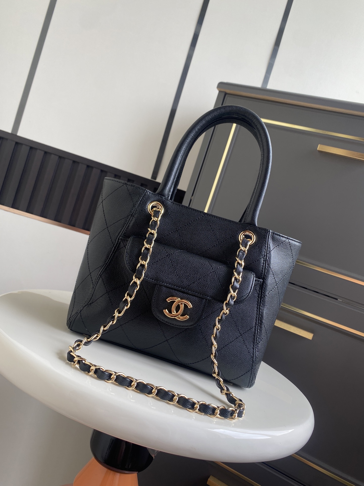 Cruise 2026 Black Quilted Caviar Calfskin Mini Tote Bag with Gold-Tone Hardware