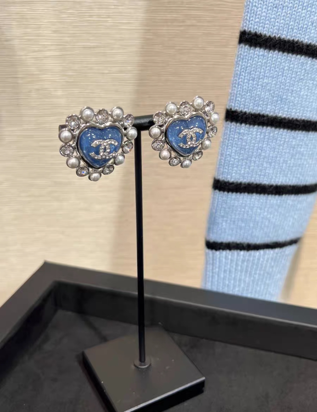 CHANEL 25P Silver Full Crystal Blue Heart Stud Earrings