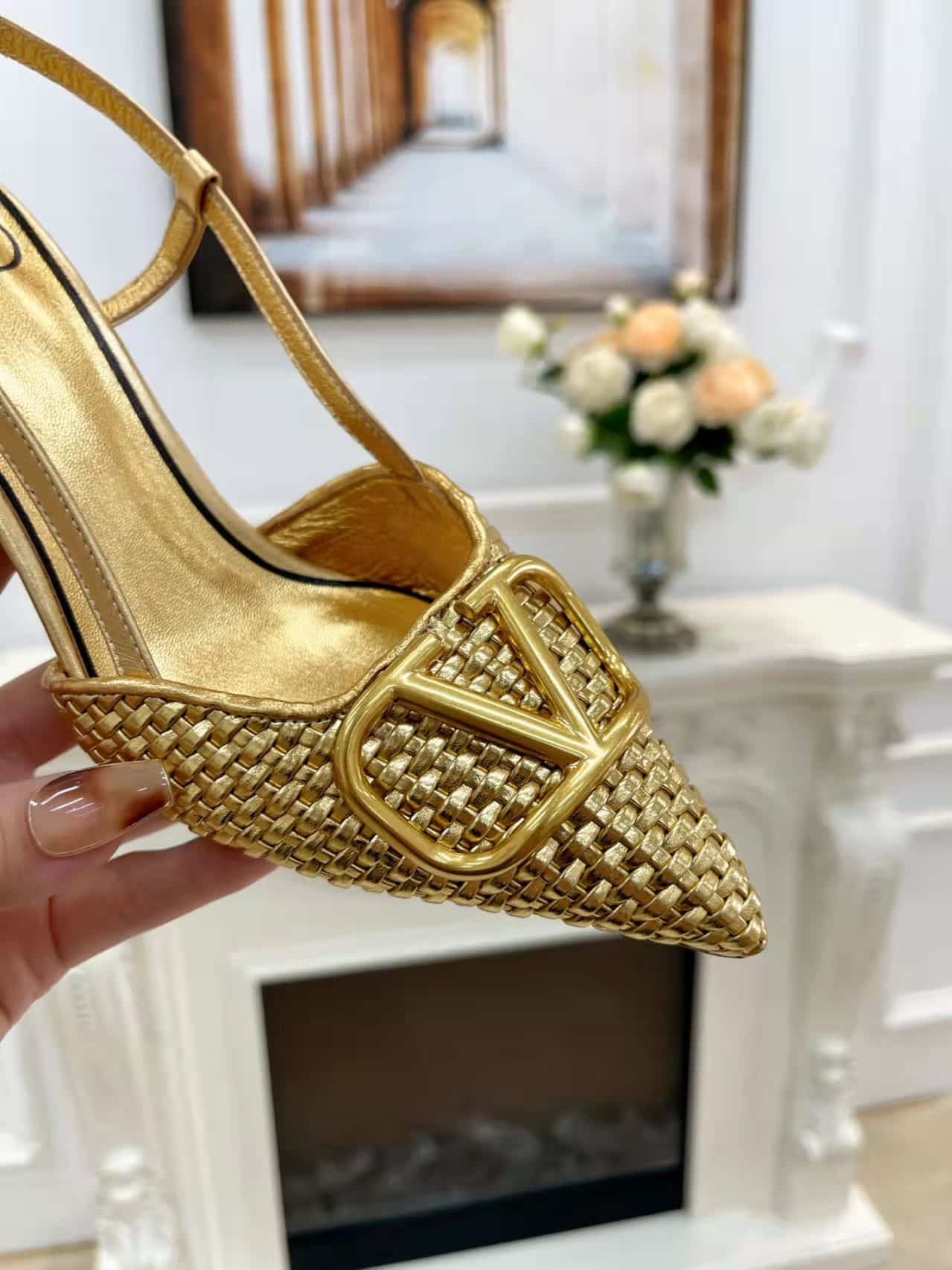 Valentino Garavani VLogo Woven Leather Slingback Pumps Gold