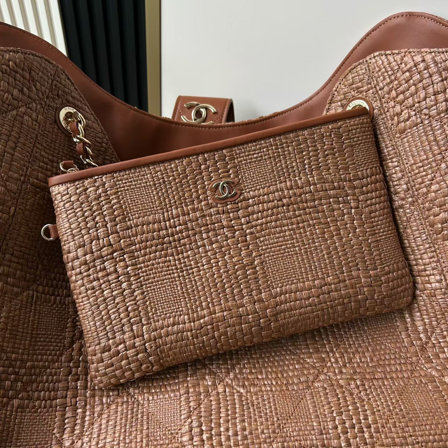 25C Caramel Woven Straw Large Tote Handbag with Calfskin Trim and Gold-Tone Hardware
