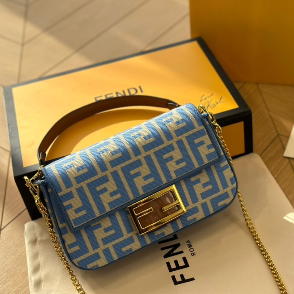 Fendi Baguette Mini Ff Jacquard Fabric Bag Blue 21cm