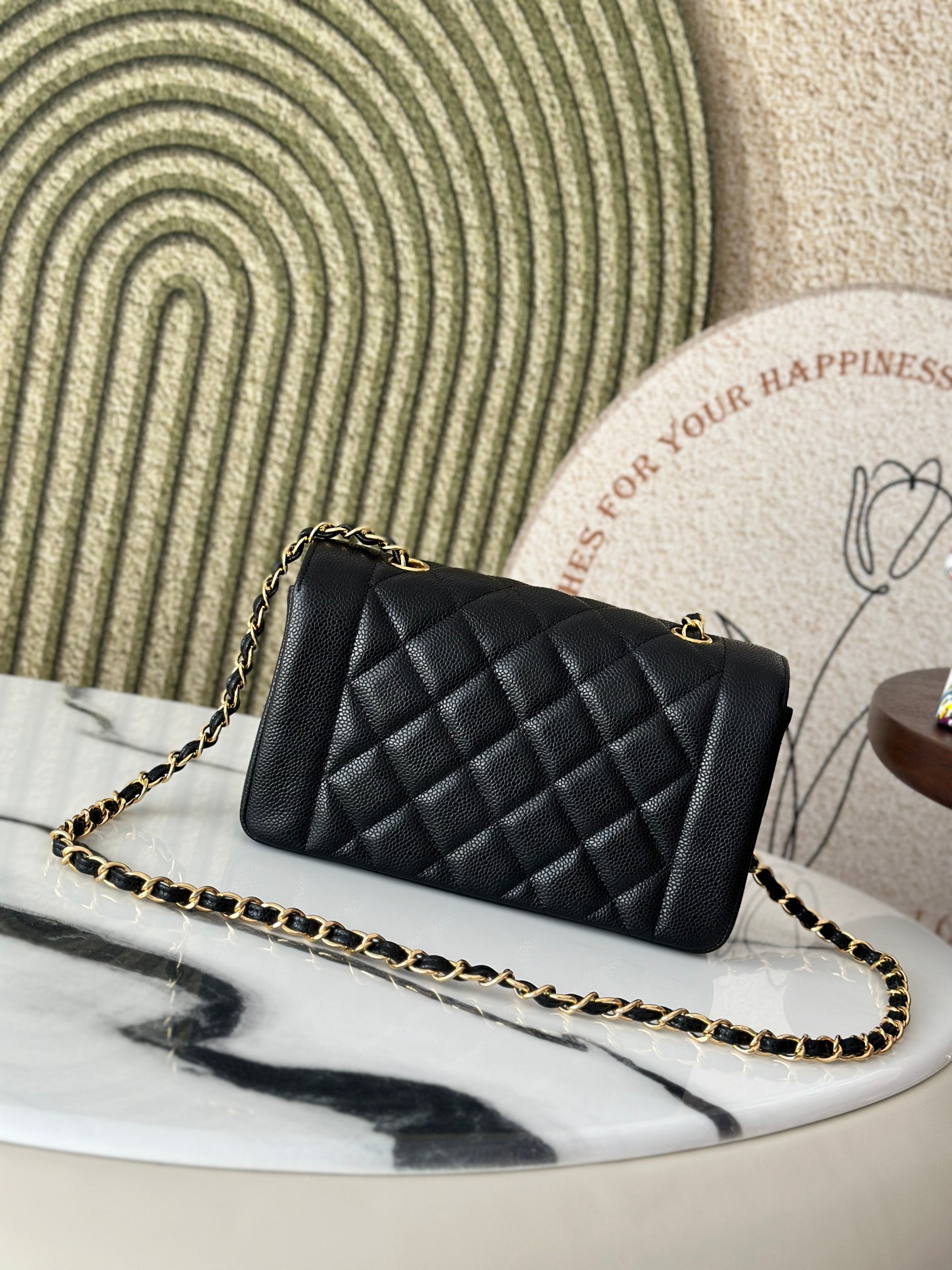 Black Caviar Quilted Medium Flap Bag with Gold Hardware