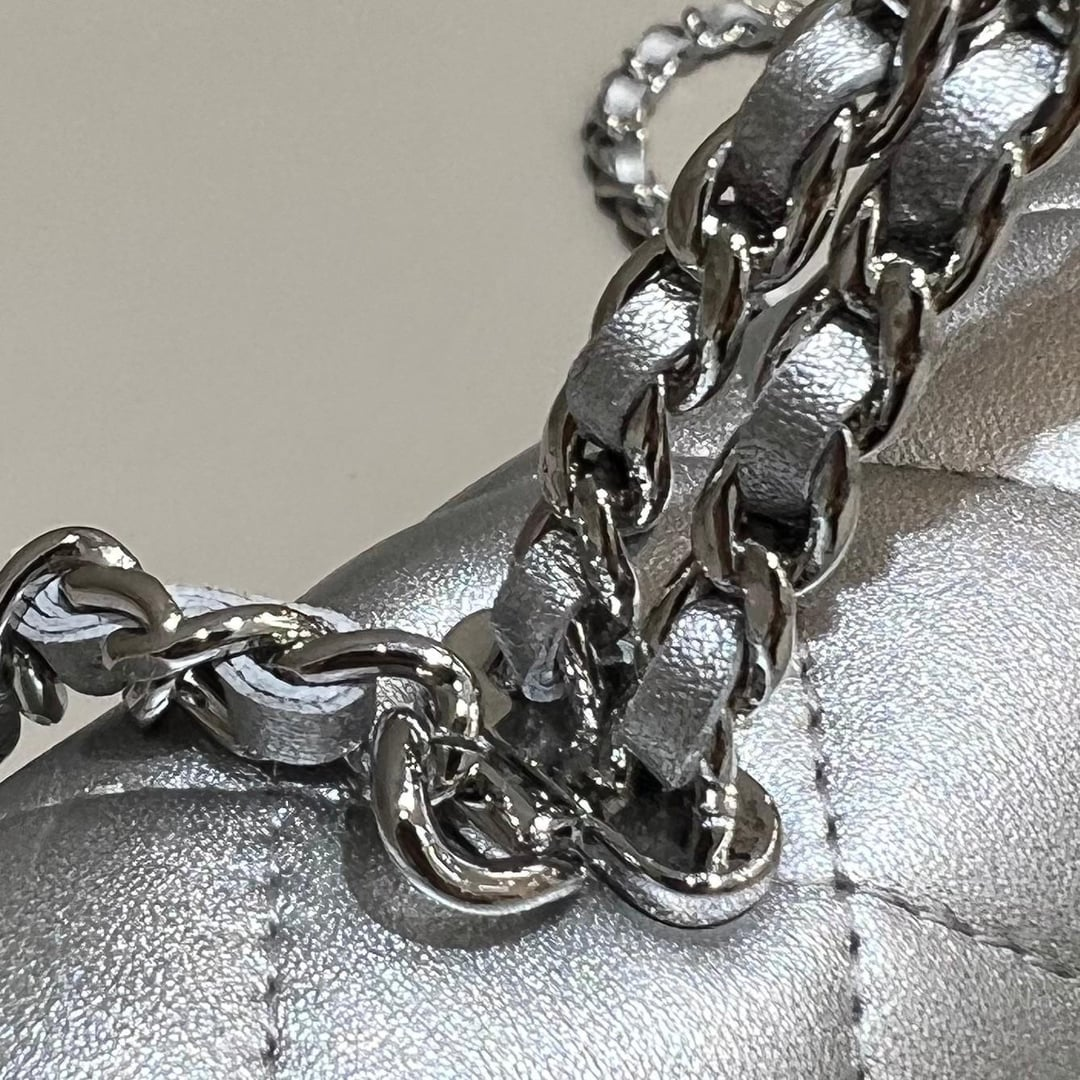 Chanel Lambskin Quilted Chain Top Handle Phone Holder With Chain Silver 18Cm