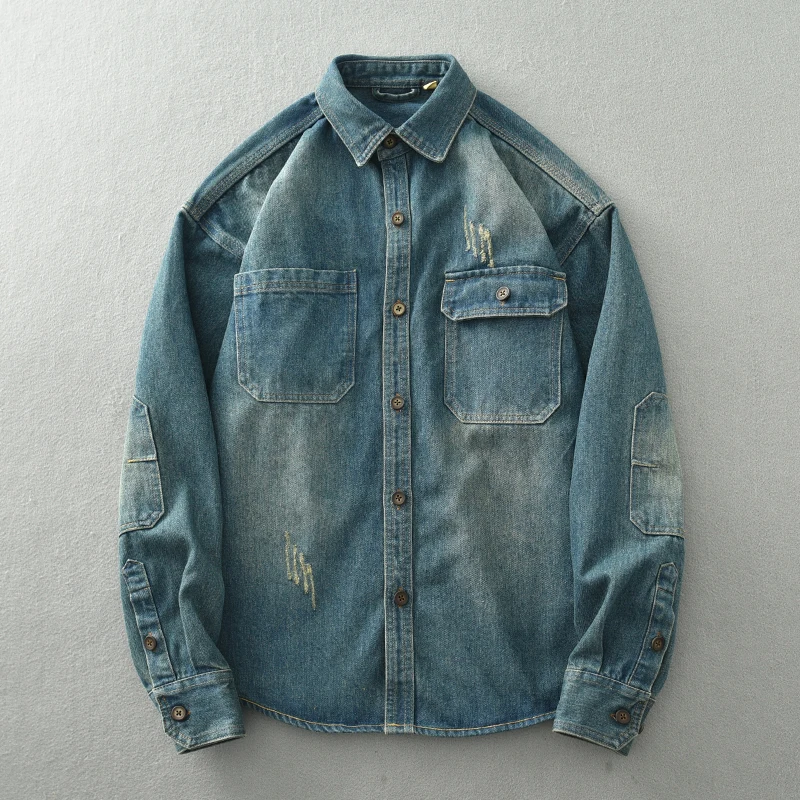 Men’s Autumn and Winter American Style Thick Nostalgic Washed Denim Shirt Youth Retro Casual Loose Shirt Jacket Coat