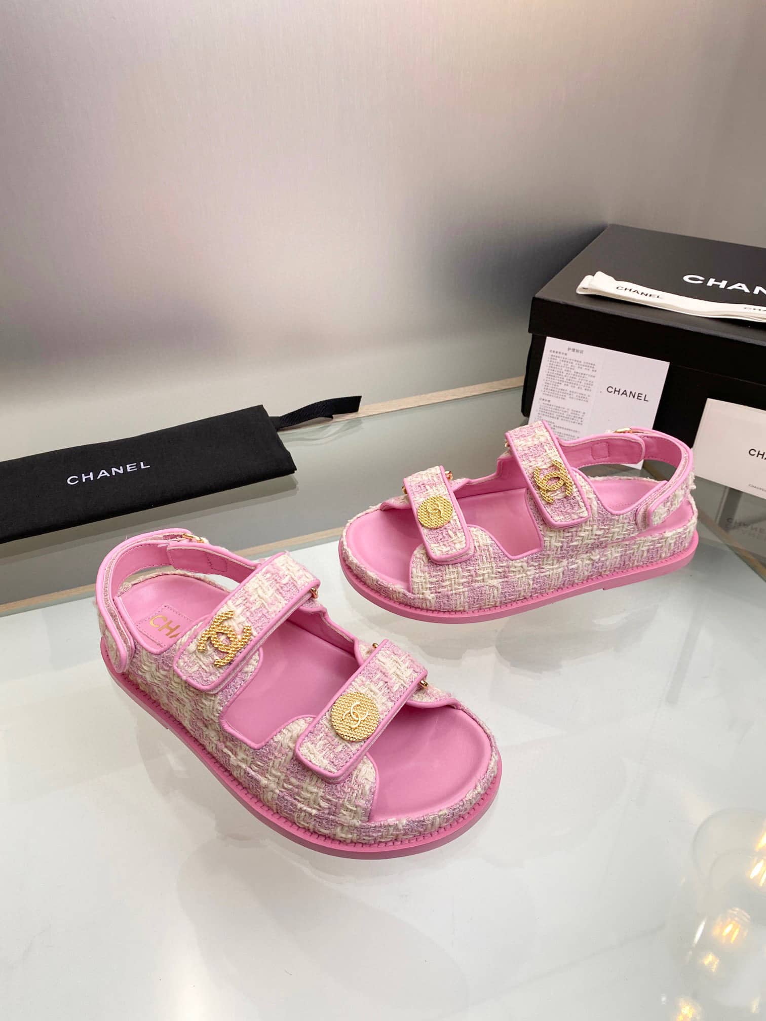 Chanel Tweed Sandal Pink Ecru Cotton G35927 X56999 K5945