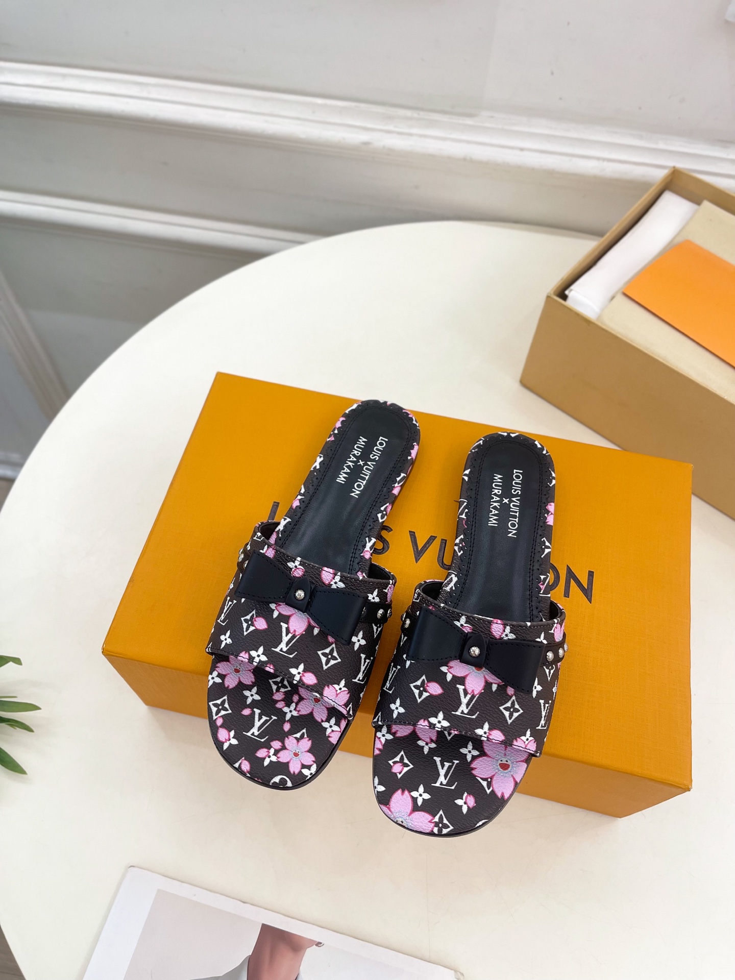 Louis Vuitton x Takashi Murakami Cherry Blossom Flat Slide Black Monogram with Bow