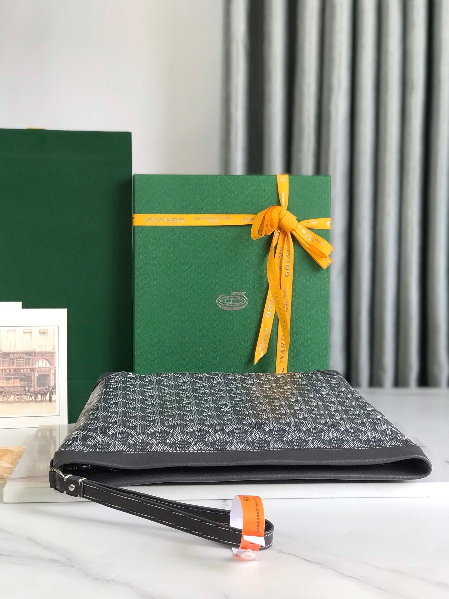 Goyard Conti Pouch 24 Cm Grey Black Lambskin And Goyardine Canvas