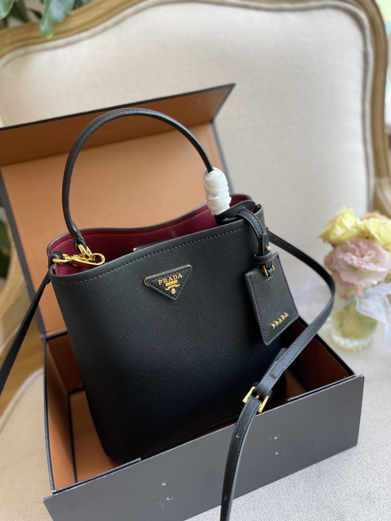 Prada Medium Saffiano Leather Panier Bag Black